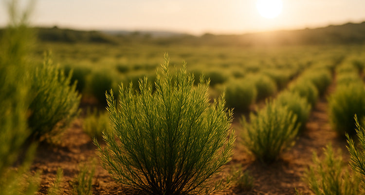 Junge grüne Sträucher wachsen in ordentlichen Reihen auf einem sonnenbeschienenen Feld, mit sanftem Sonnenlicht und fernen Hügeln im Hintergrund, die eine warme und heitere Agrarlandschaft schaffen.