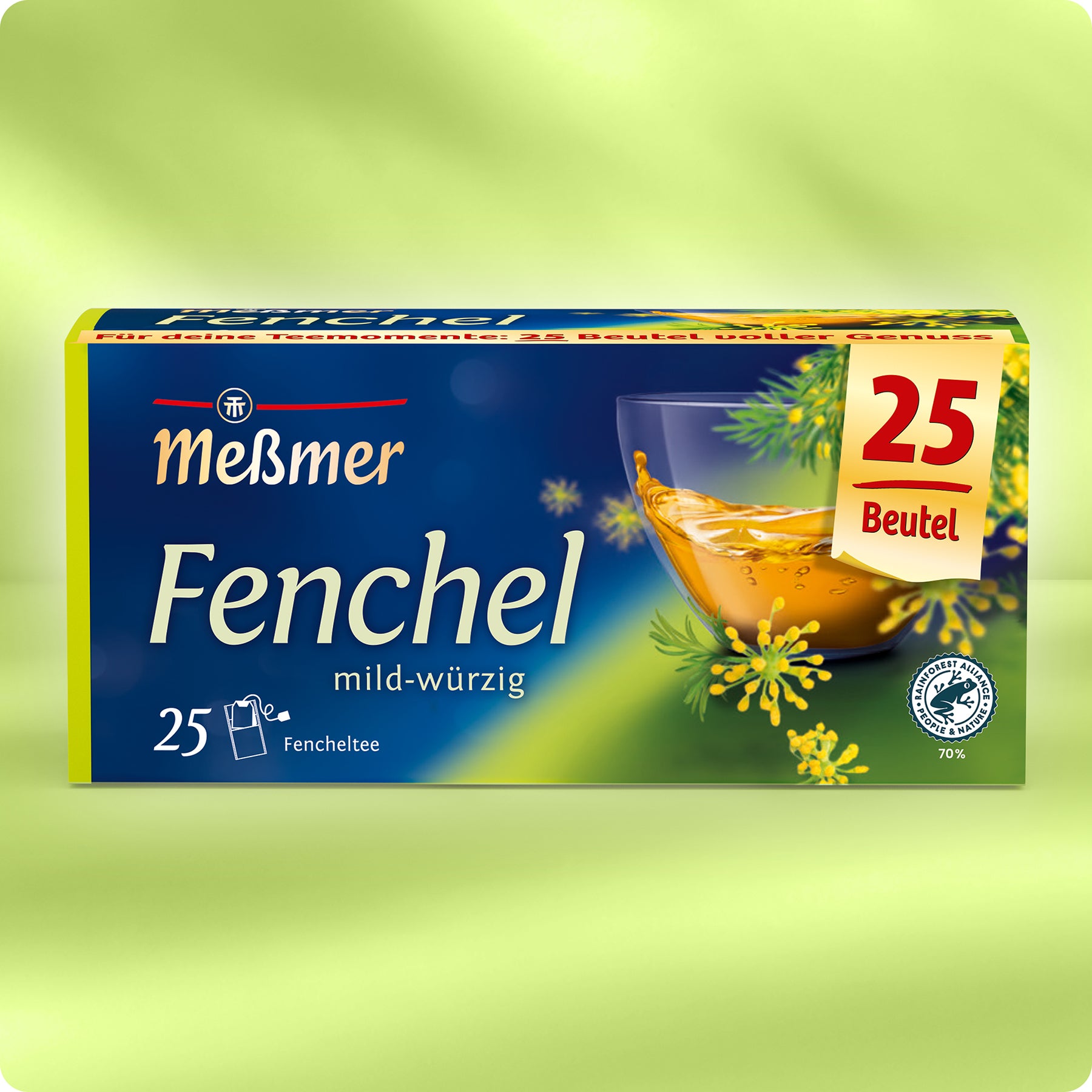 Eine Schachtel Meßmer DE Fenchel mit 25 Teebeuteln. Die Verpackung zeigt eine Glastasse mit aromatischem Fencheltee, Fenchelblüten und einen grünen Hintergrund mit Farbverlauf für das perfekte Fenchelerlebnis.