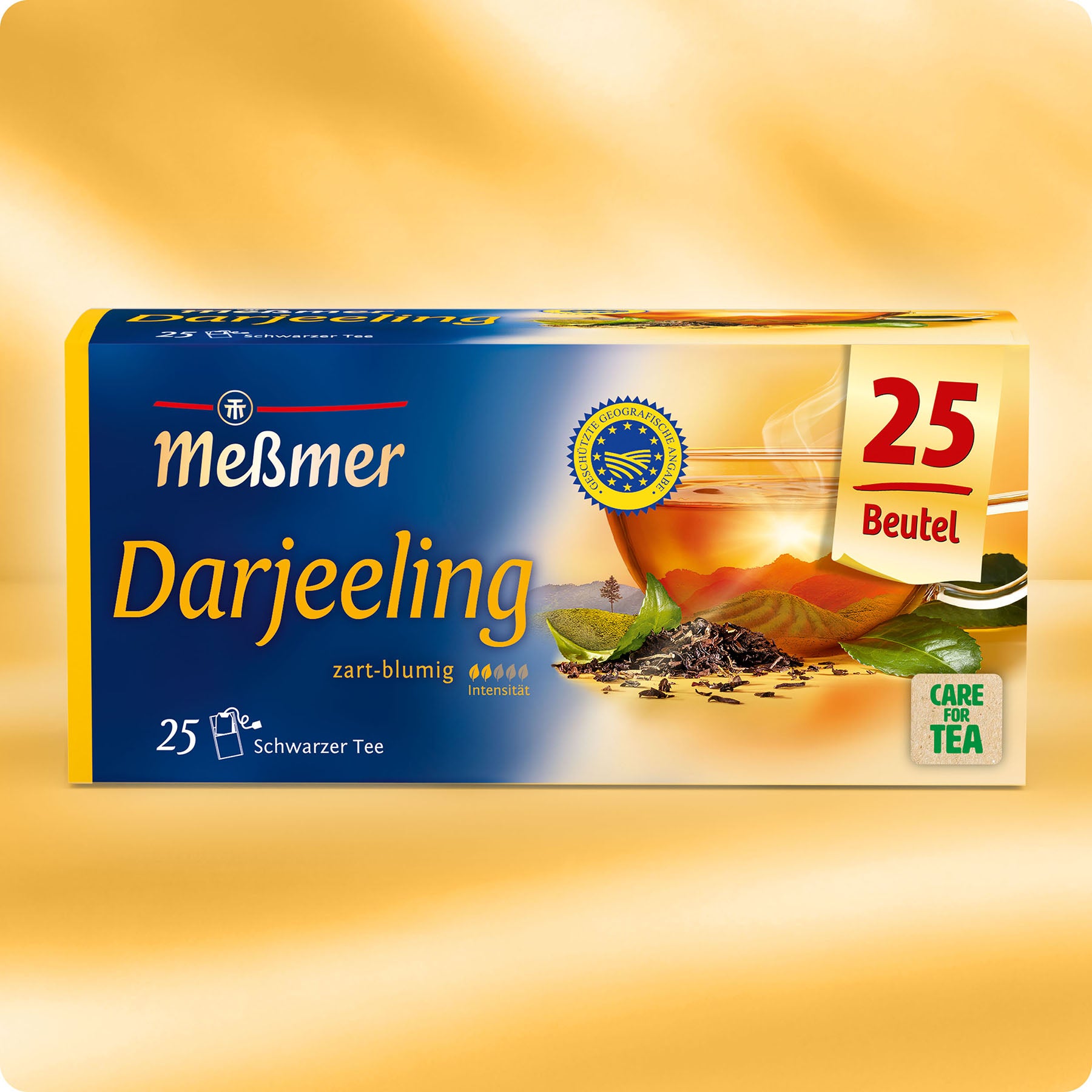 Meßmer Darjeeling Schwarztee Verpackung mit 25 Beuteln, zart-blumiger Geschmack und intensives Aroma, auf hellem Hintergrund präsentiert.