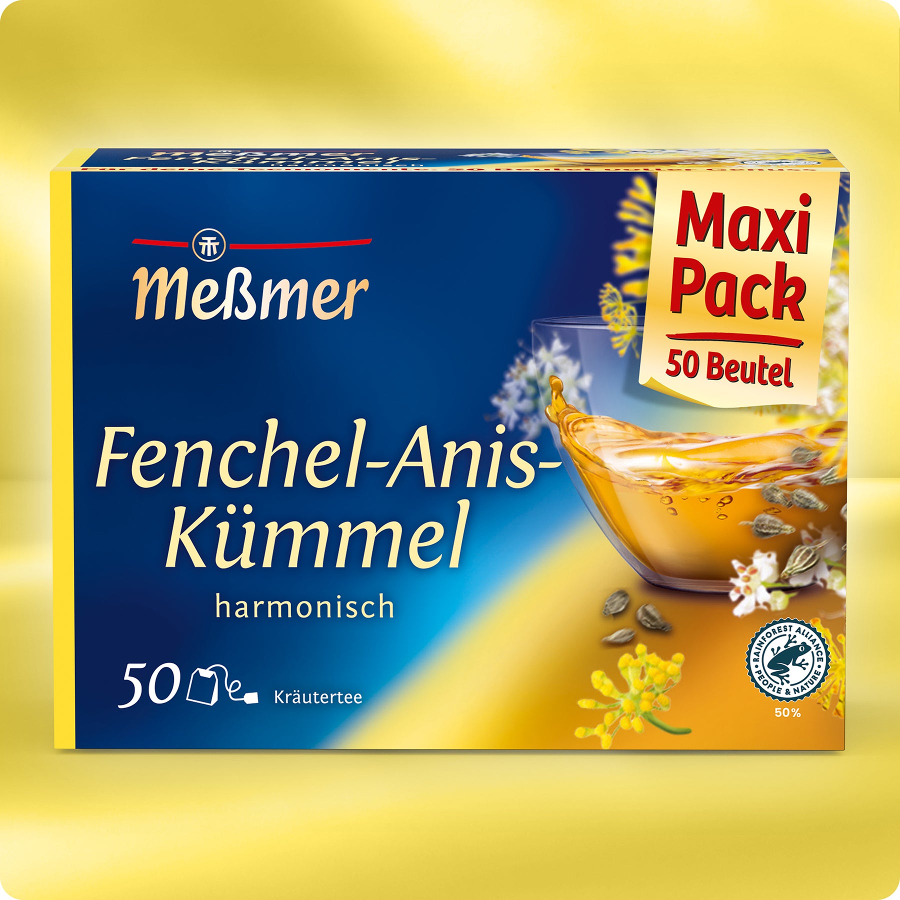 Dose Meßmer DE Fenchel-Anis-Kümmel-Kräutertee mit 50 Beuteln. Die blau-gelbe Schachtel zeigt Kräuter, eine Teetasse und eine rote Plakette "Maxi Pack 50 Beutel".