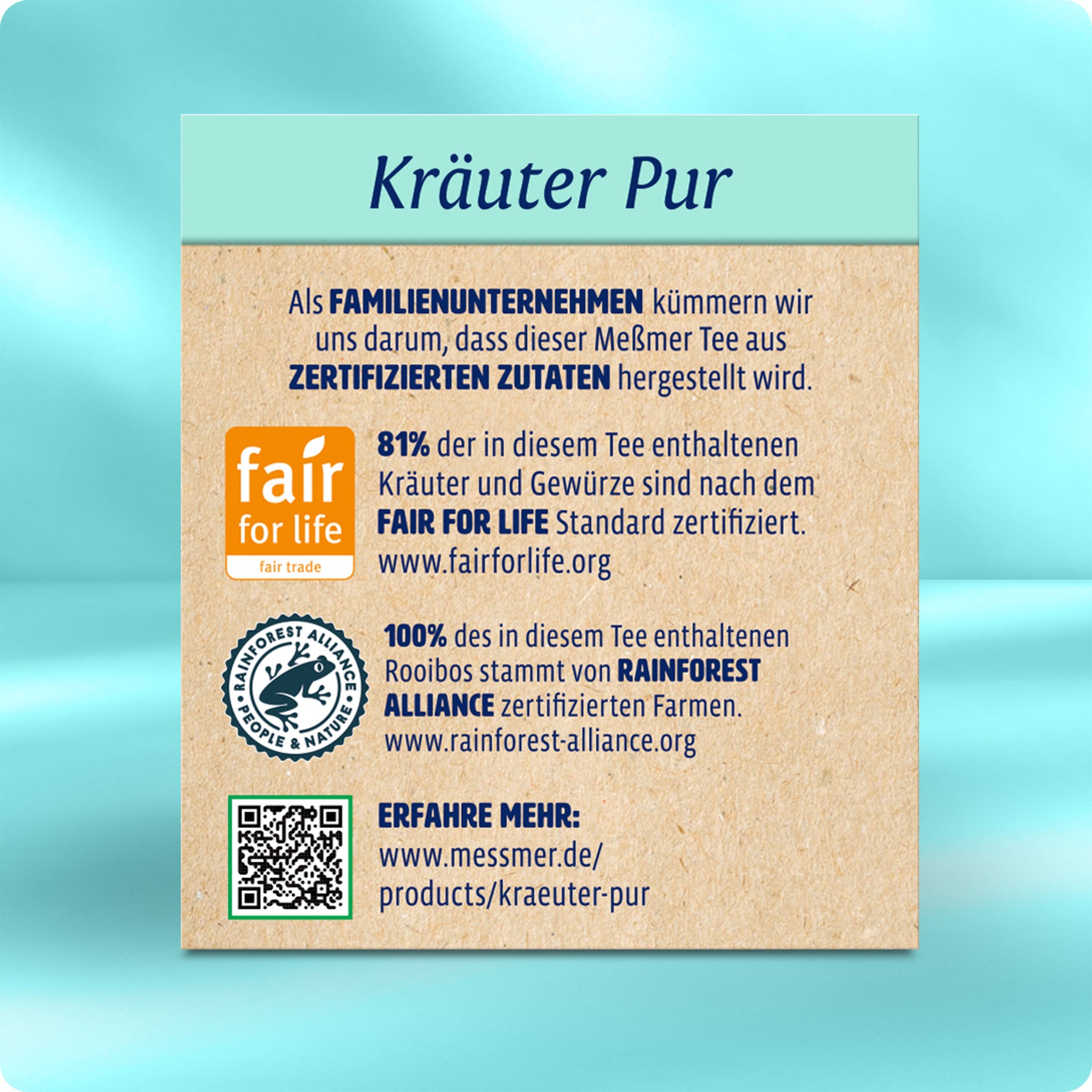 Rückseite der Verpackung von Kräuter pur mit Informationen zu fairen und zertifizierten Zutaten sowie nachhaltigem Anbau und Herkunftsnachweisen.