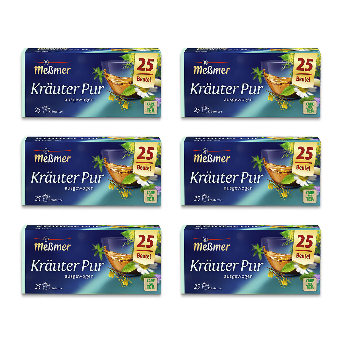 Sechs Packungen Meßmer Kräuter pur Kräutertee mit jeweils 25 Teebeuteln vor weißem Hintergrund