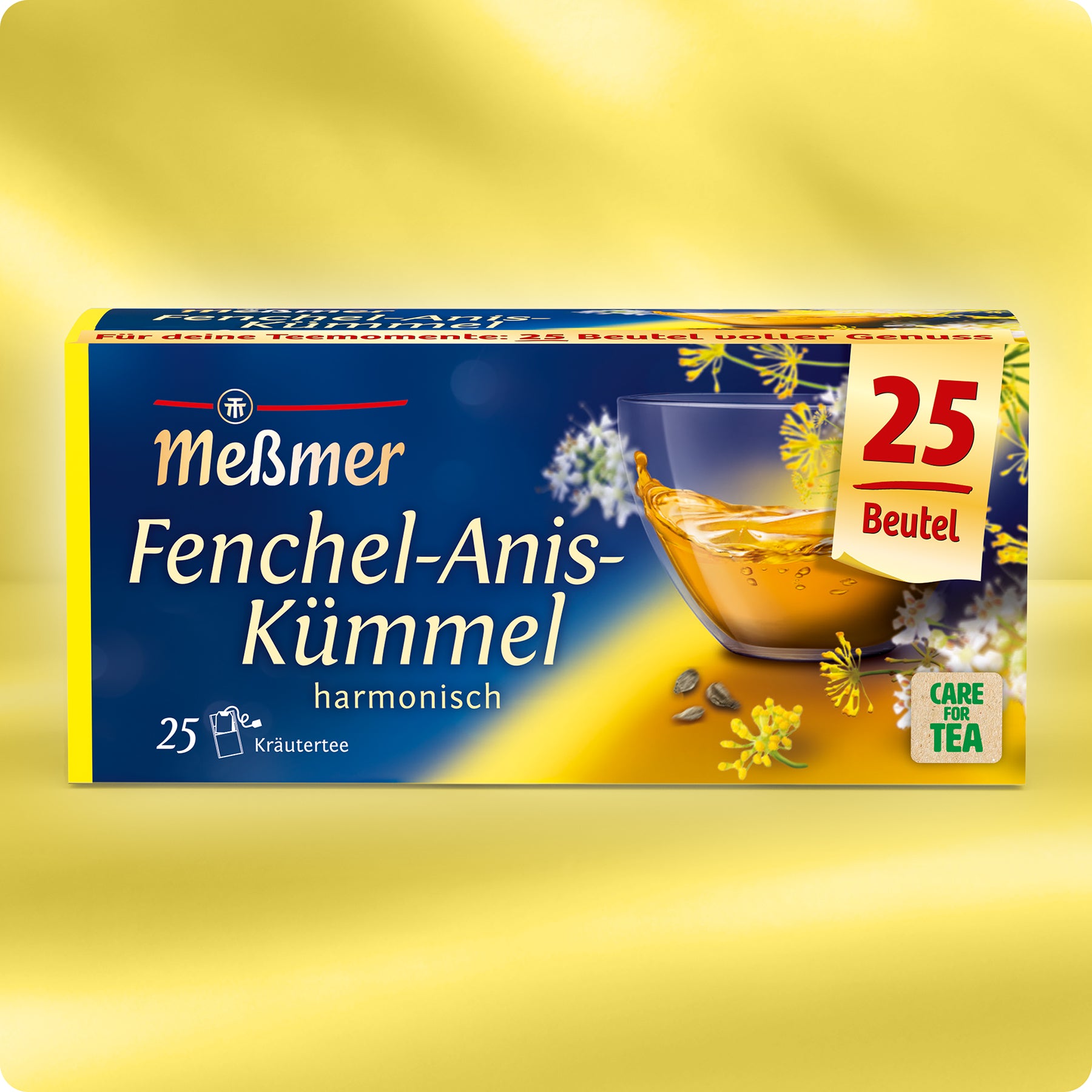 Eine Schachtel Meßmer DE Fenchel-Anis-Kümmel-Tee mit 25 Beuteln, in gelber und blauer Verpackung, die eine Tasse Kräutertee sowie Bilder von Fenchel, Anis und Kümmel zeigt.