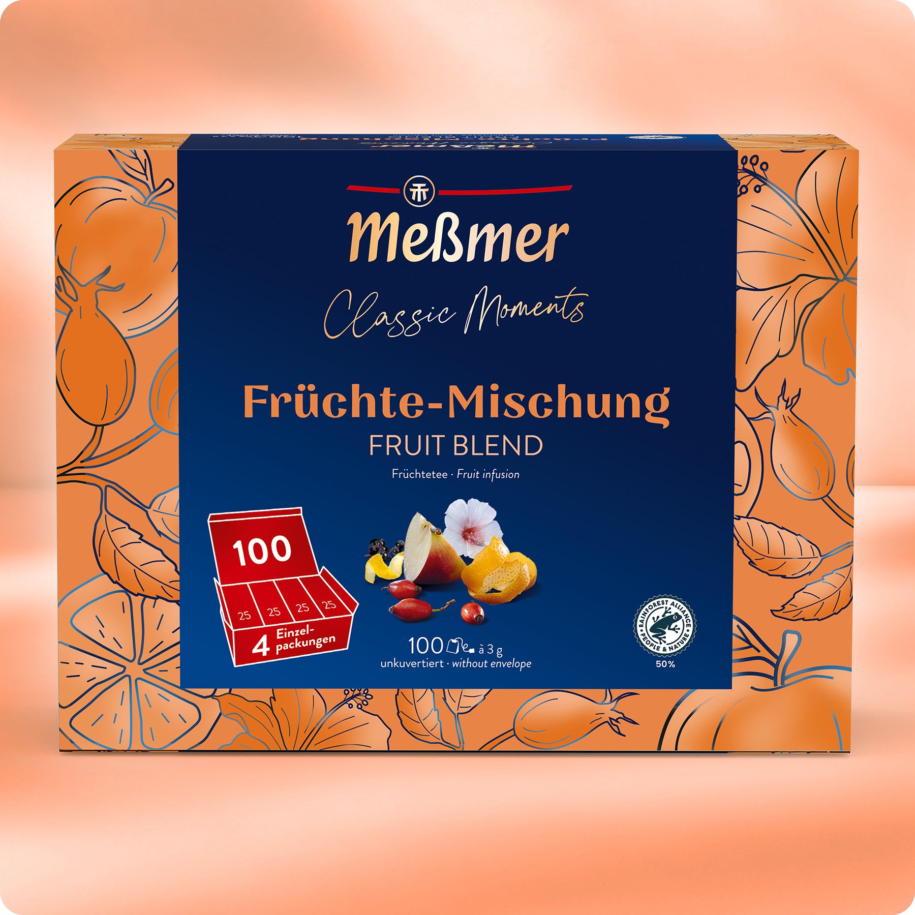 Die blaue und orangefarbene Verpackung von Meßmer DE Früchte Tee mit 100 Beuteln ist mit verschiedenen Obstmotiven verziert, die diese geschmackvolle Früchteteemischung hervorheben.