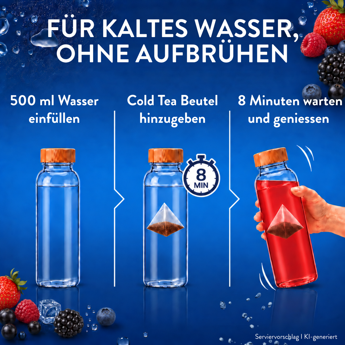 Cold Tea Sommer-Beeren Zubereitung mit 500 ml kaltem Wasser Teebeutel und 8 Minuten Ziehzeit für roten kalten Tee ohne Aufbrühen