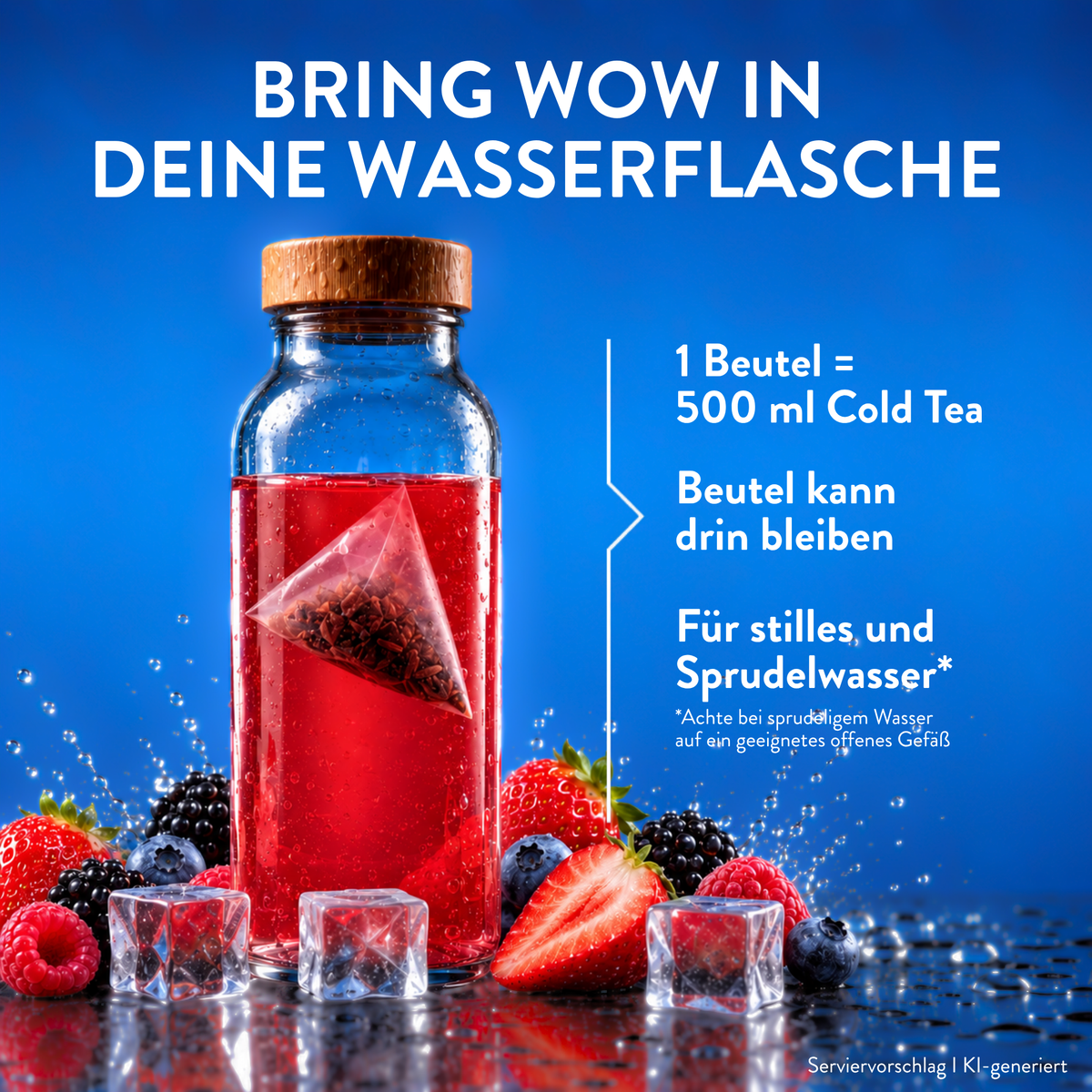 Cold Tea Sommer-Beeren in einer Glasflasche mit rotem kaltem Tee Beeren Eiswürfeln und Teebeutel. Ein Beutel ergibt 500 ml und bleibt in der Flasche