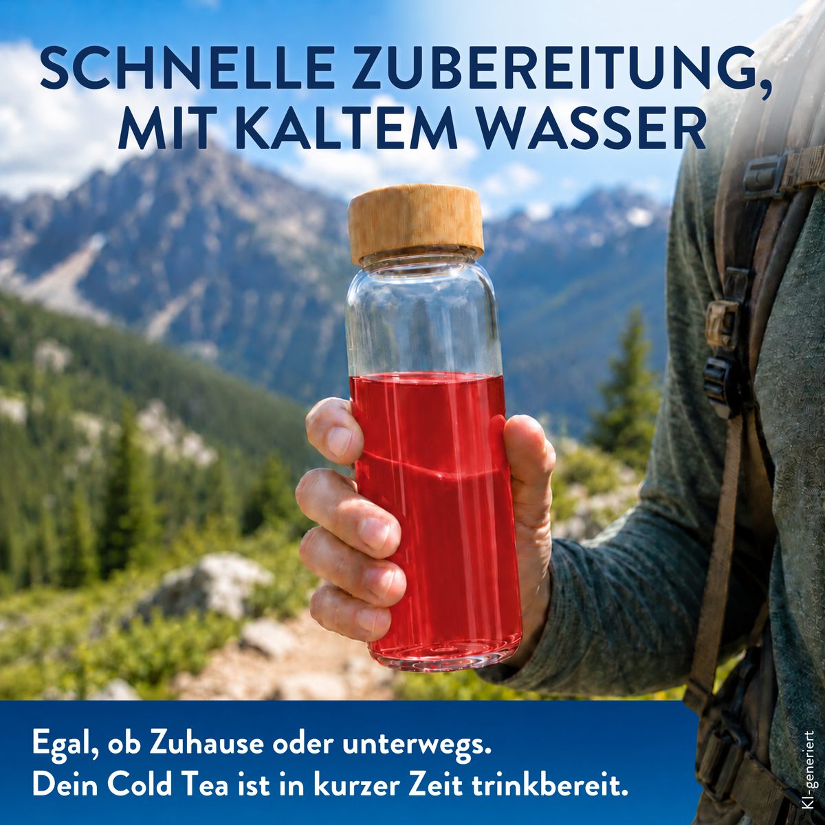 Cold Tea Sommer-Beeren in einer Glasflasche mit rotem kaltem Tee beim Wandern vor Berglandschaft. Schnell mit kaltem Wasser zubereitet und unterwegs trinkbereit