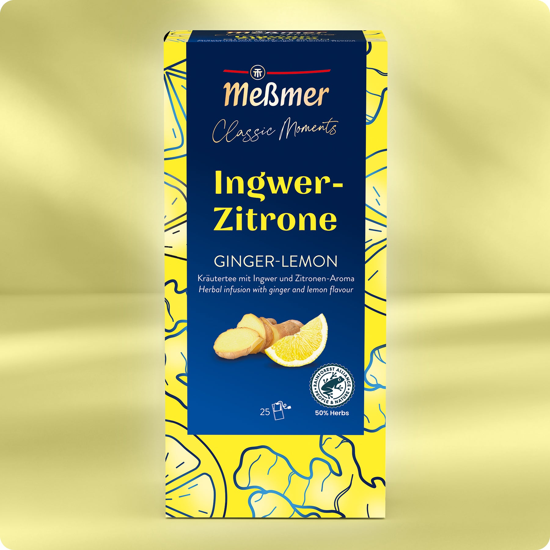 Eine Schachtel Meßmer DE Ingwer-Zitrone Tee, mit abgebildeten Ingwer- und Zitronenscheiben auf einem gelb-blauen Design; dieser würzig-frische Tee enthält 25 Beutel und bietet köstlichen Ingwer-Zitronen-Geschmack.