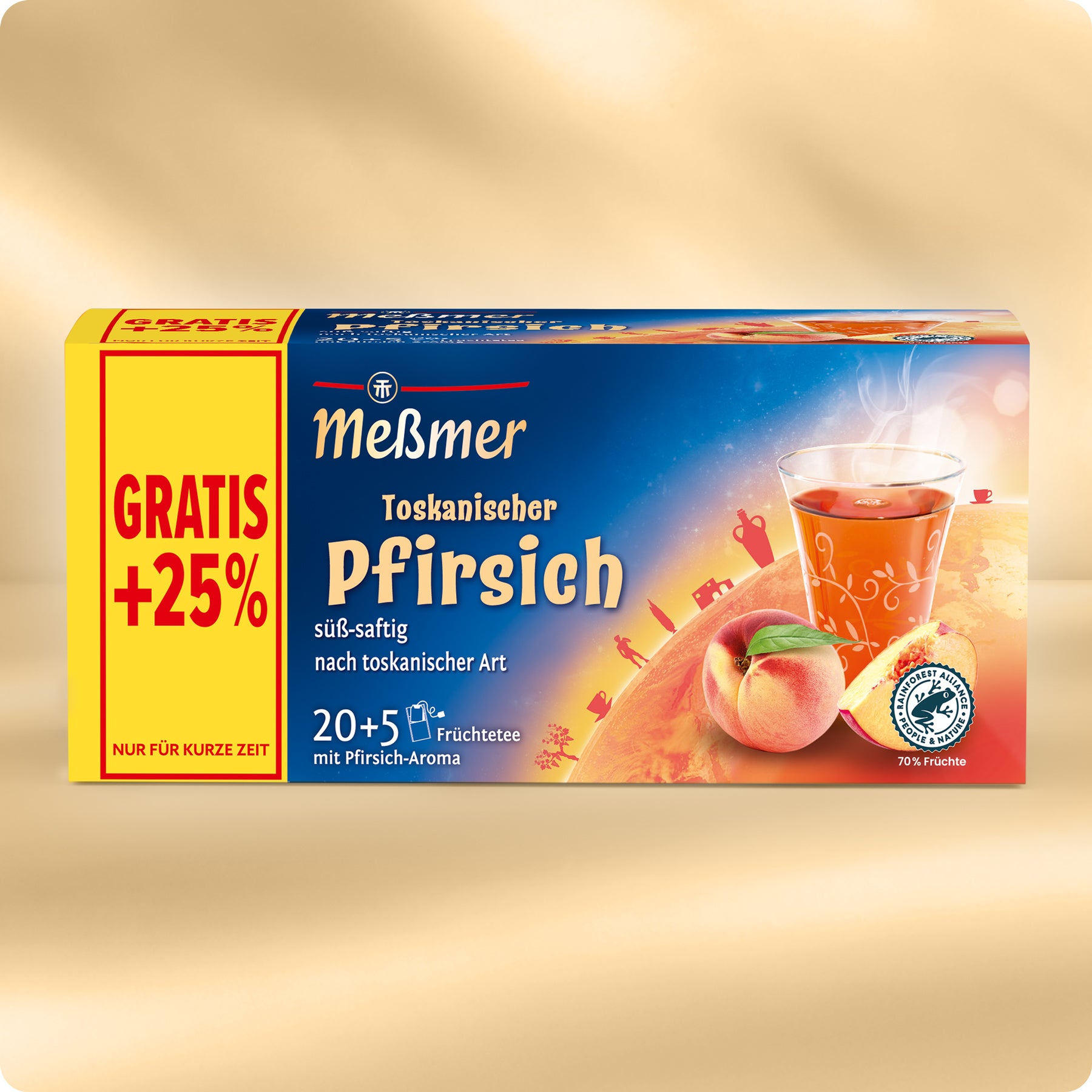Eine Schachtel Meßmer Toskansicher Pfirsich Tee mit den Abbildungen eines Teeglases, von Pfirsichen und eines Sonnenuntergangs. Die Schachtel wirbt mit GRATIS +25% und enthält 25 Früchteteebeutel mit Pfirsichgeschmack.