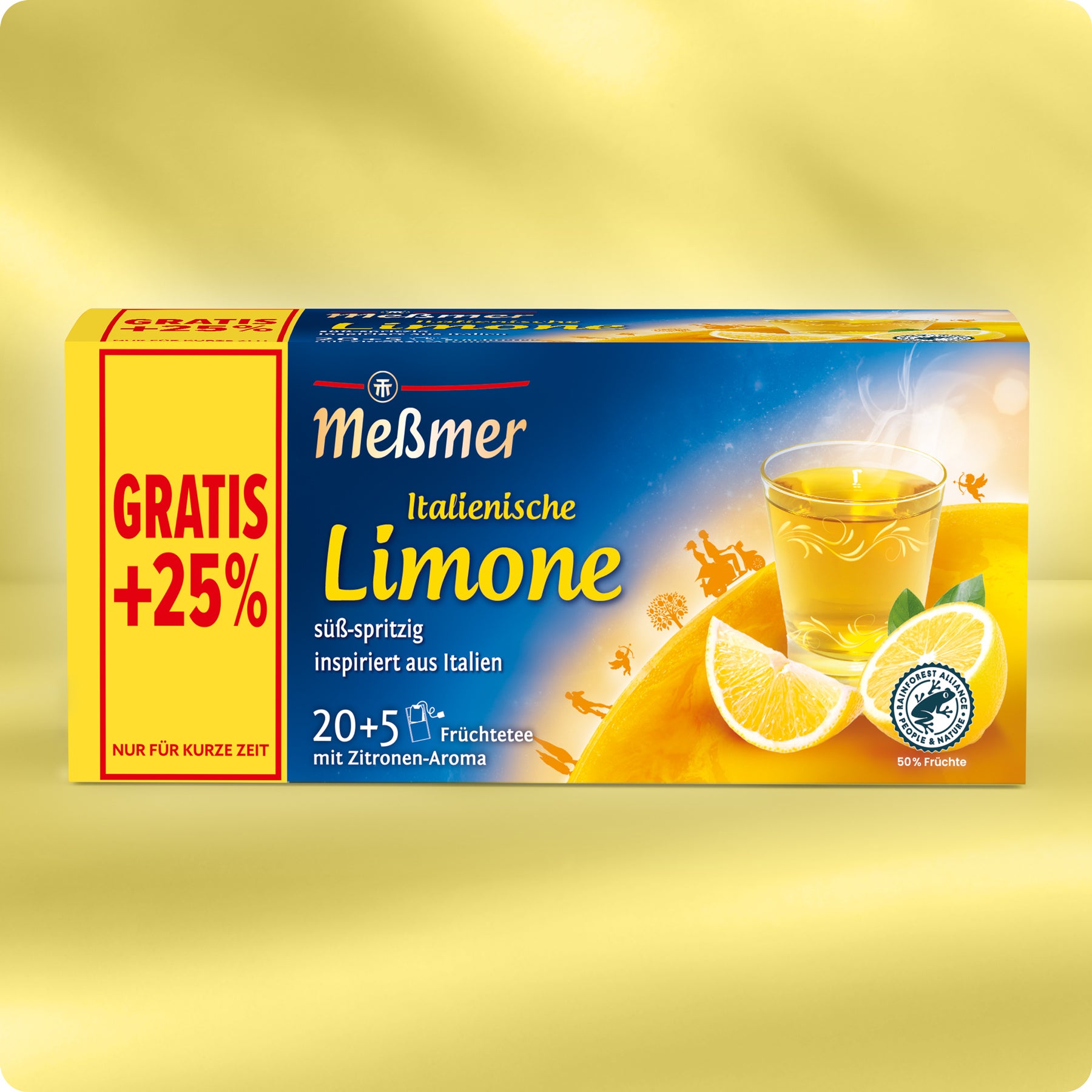 Eine Schachtel Meßmer Italian Lemon Tea ist vor einem gelben Hintergrund abgebildet. Die Verpackung wirbt mit GRATIS +25% in Rot und Gelb und zeigt ein Glas Tee, Zitronenscheiben und eine sonnige Landschaft.