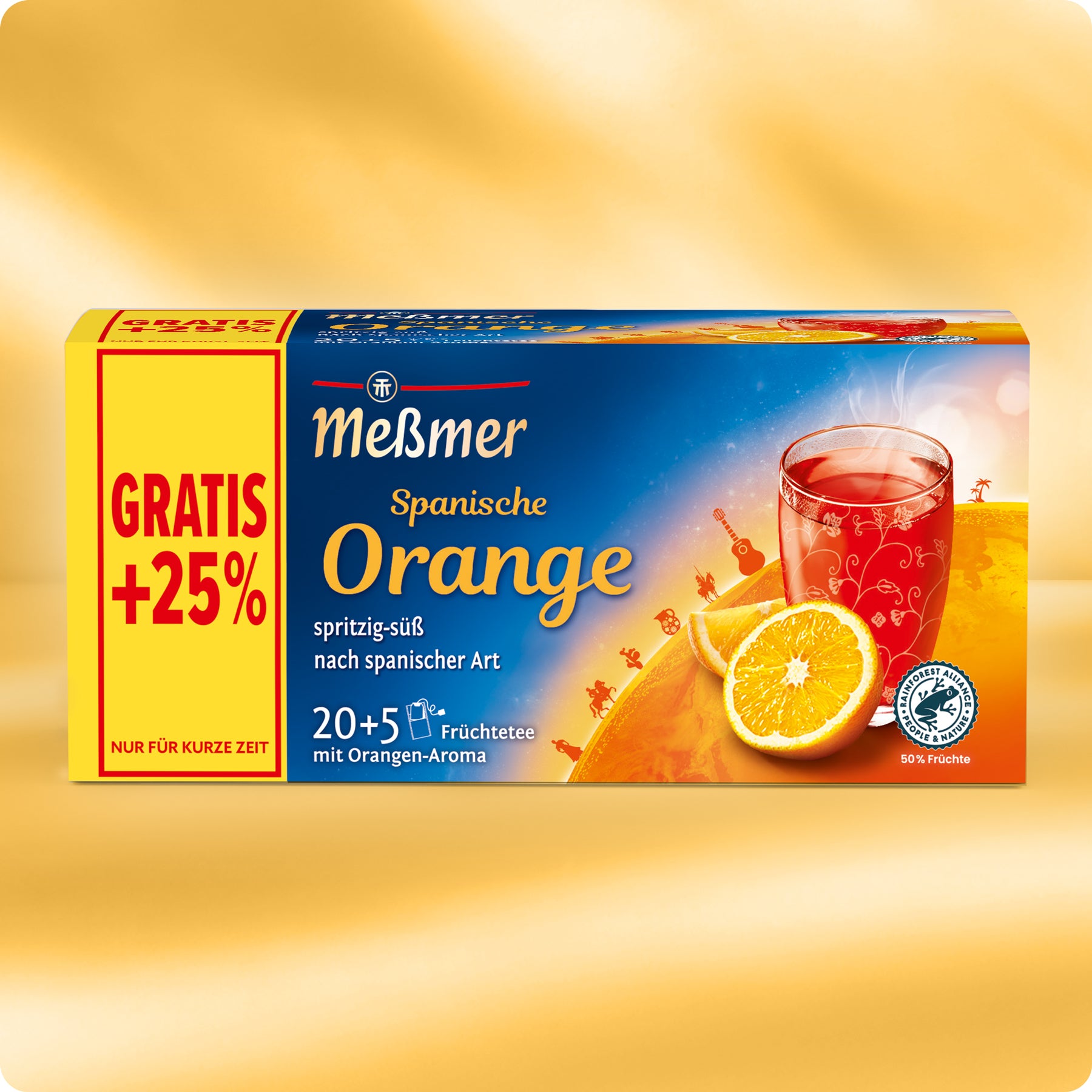 Eine Schachtel Meßmer Spanische Orange Tee mit einem Glas Tee, Orangenscheiben und einem orange-gelben Hintergrund. Die Verpackung hebt Gratis +25% hervor und enthält 25 Früchteteebeutel mit Orangengeschmack.