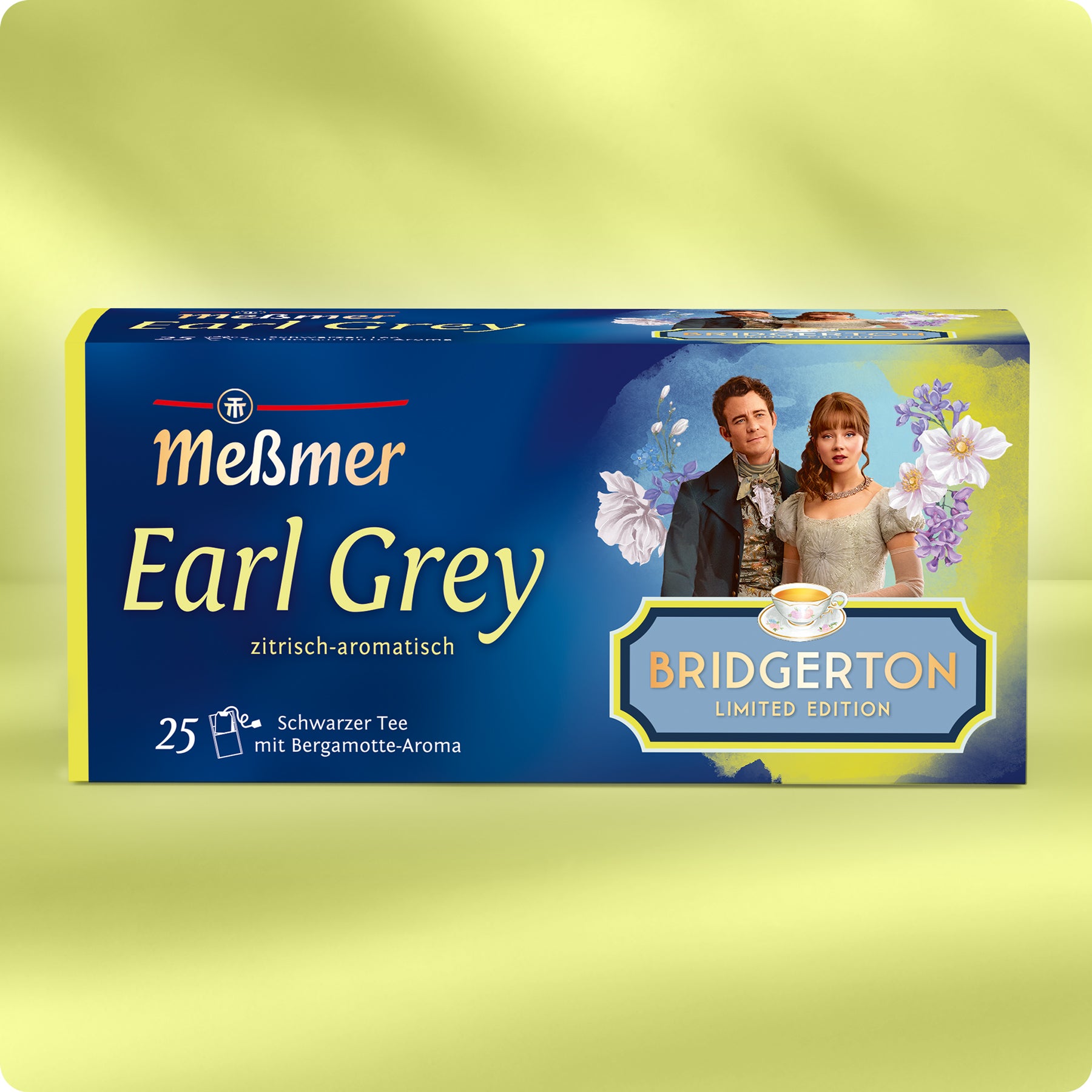 Verpackung von Meßmer Earl Grey Tee mit zitrusartigem Aroma und Bridgerton Limited Edition Motiv vor gelbem Hintergrund