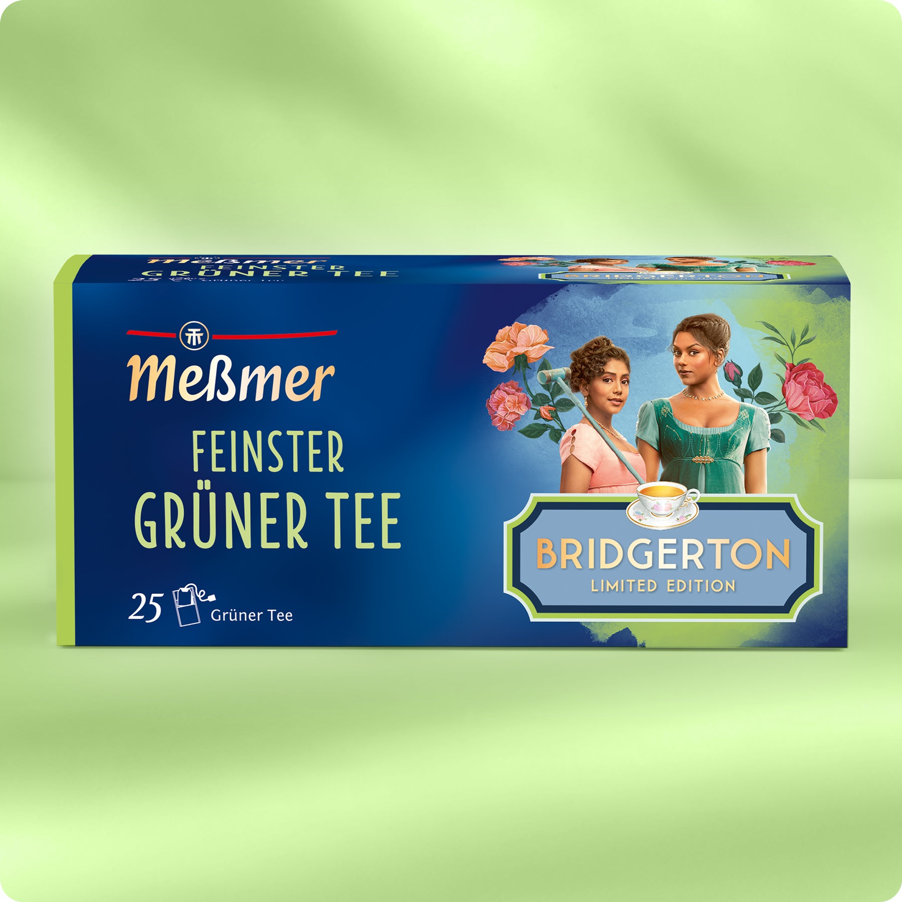 Meßmer Verpackung mit grünem Tee und Illustrationen von zwei Frauen vor floralem Hintergrund in limitierter Bridgerton Edition
