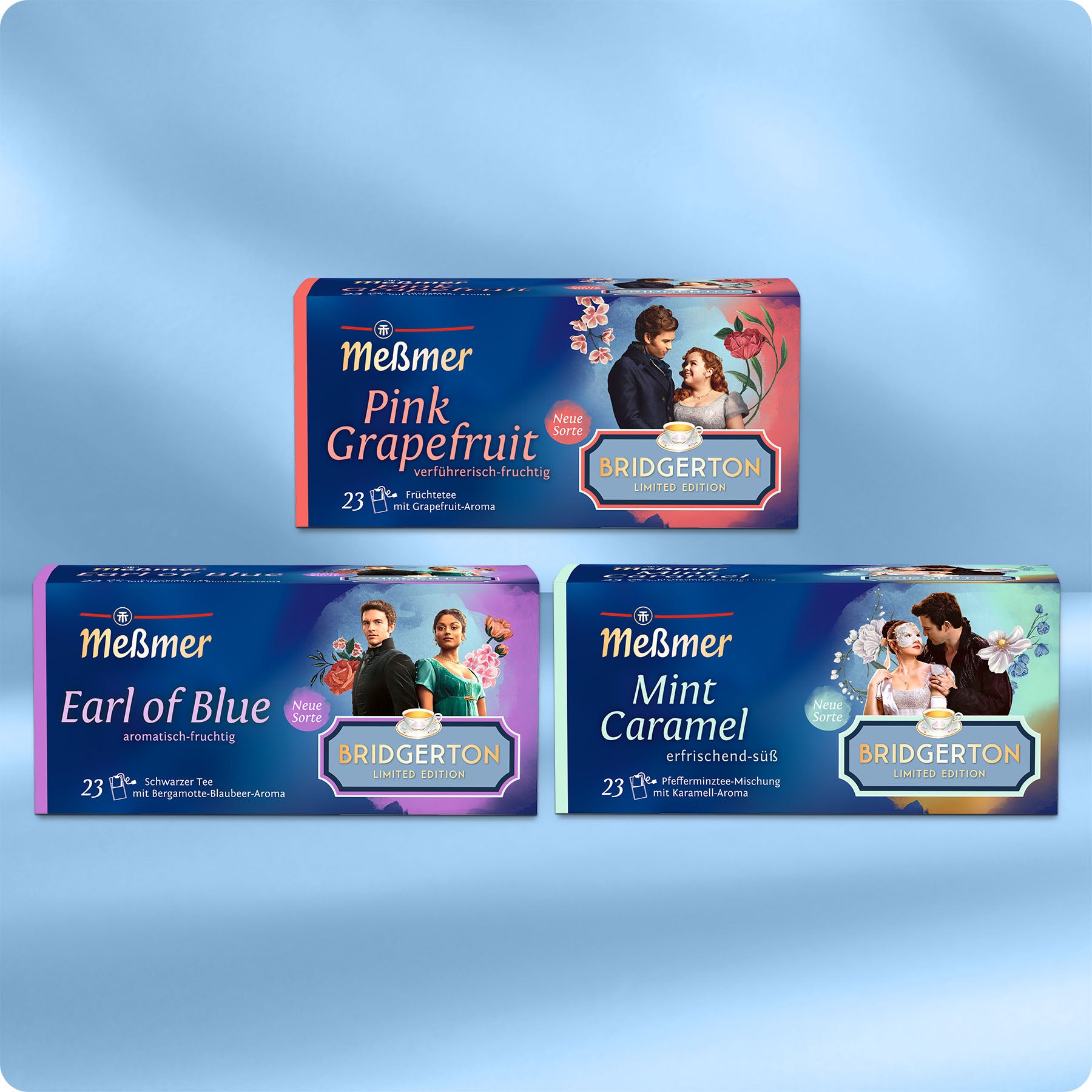 Bridgerton Exclusive Selection Teesorten in eleganter Verpackung mit Pink Grapefruit, Earl of Blue und Mint Caramel als limitierte Edition.