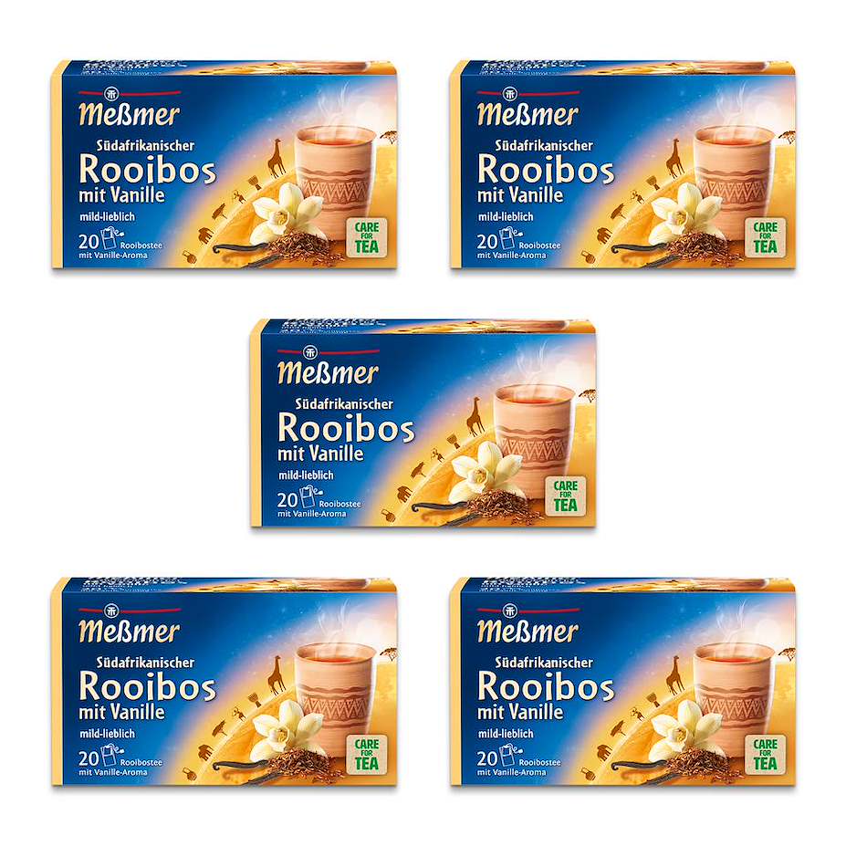 Fünf Packungen Südafrikanischer Rooibos-Vanille Tee mit Vanilleblüten und Rooibos in dekorativen Teeschachteln auf weißem Hintergrund