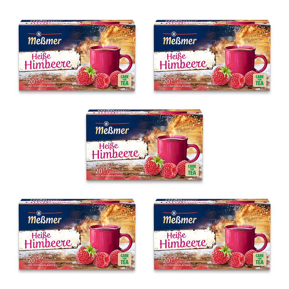 Heiße Himbeere in fünf Packungen mit je 20 Teebeuteln, Himbeeren und roter Teetasse