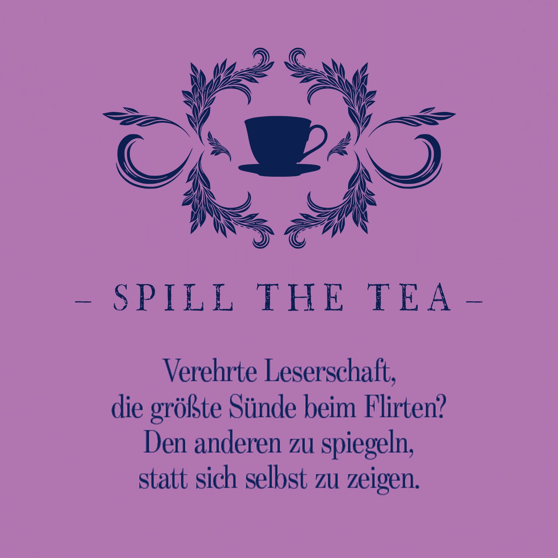 Earl of Blue Schriftzug mit dekorativem Teetassen-Logo und Zitat über Flirten auf violettem Hintergrund in stilvollem Design.