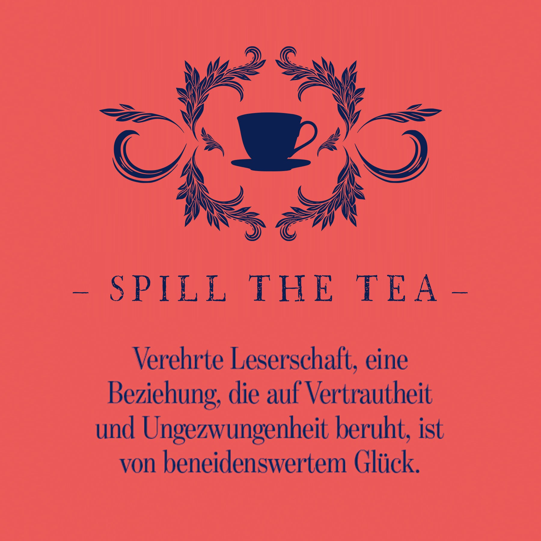 Earl of Blue Produktbild mit Teetasse und dekorativem Pflanzenmotiv sowie Spruch über Vertrauen und Glück auf rotem Hintergrund.