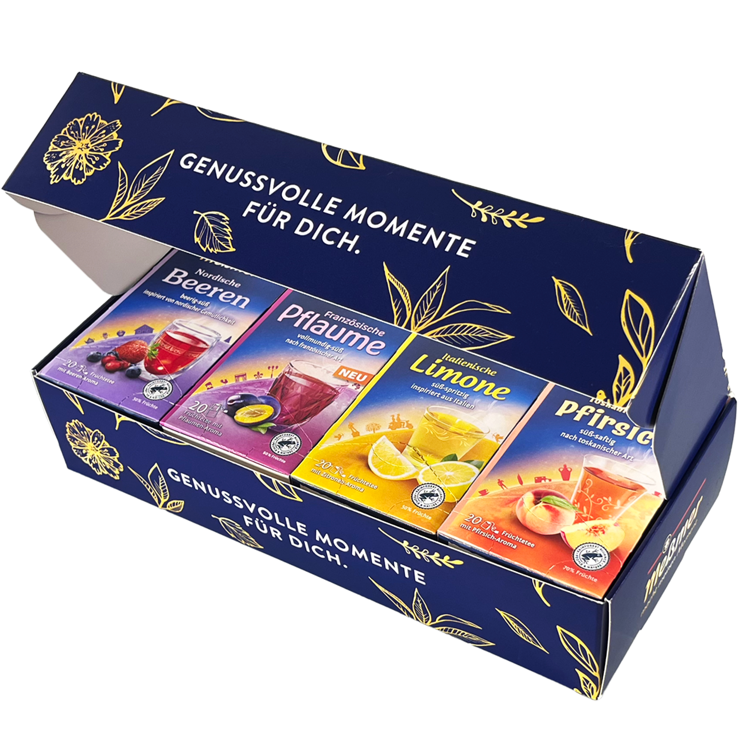 Tee Geschenkbox Around the World mit vier Ländertteesorten in farbenfroher Verpackung, perfekt als Geschenk für Genießer von Italienischer Limone bis Toskanischer Pfirsich.