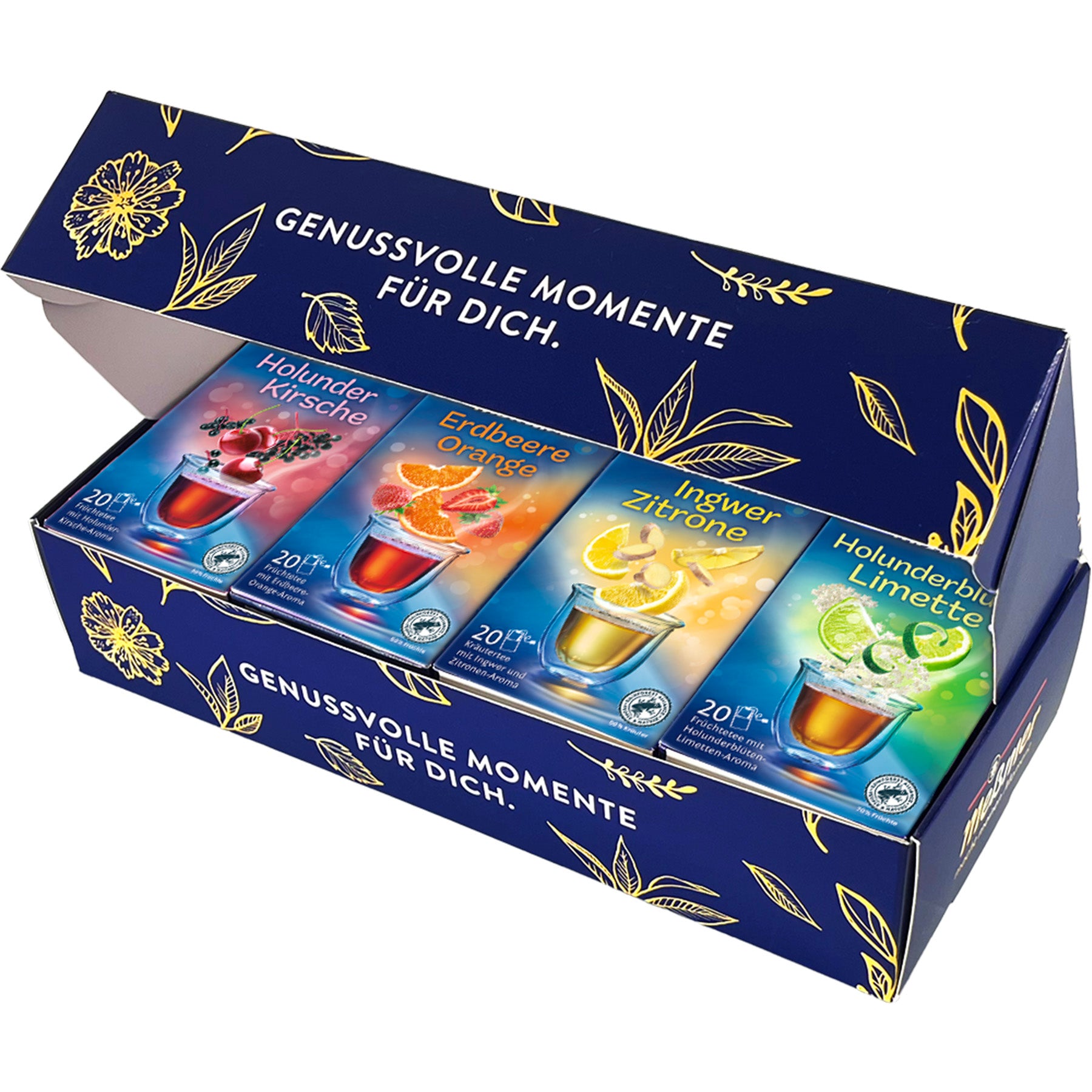 Tee Geschenkbox Erfrischend Fruchtig mit vier Sorten verfeinerter Früchte- und Kräutertees in einer eleganten blauen Geschenkbox für genussvolle Momente.