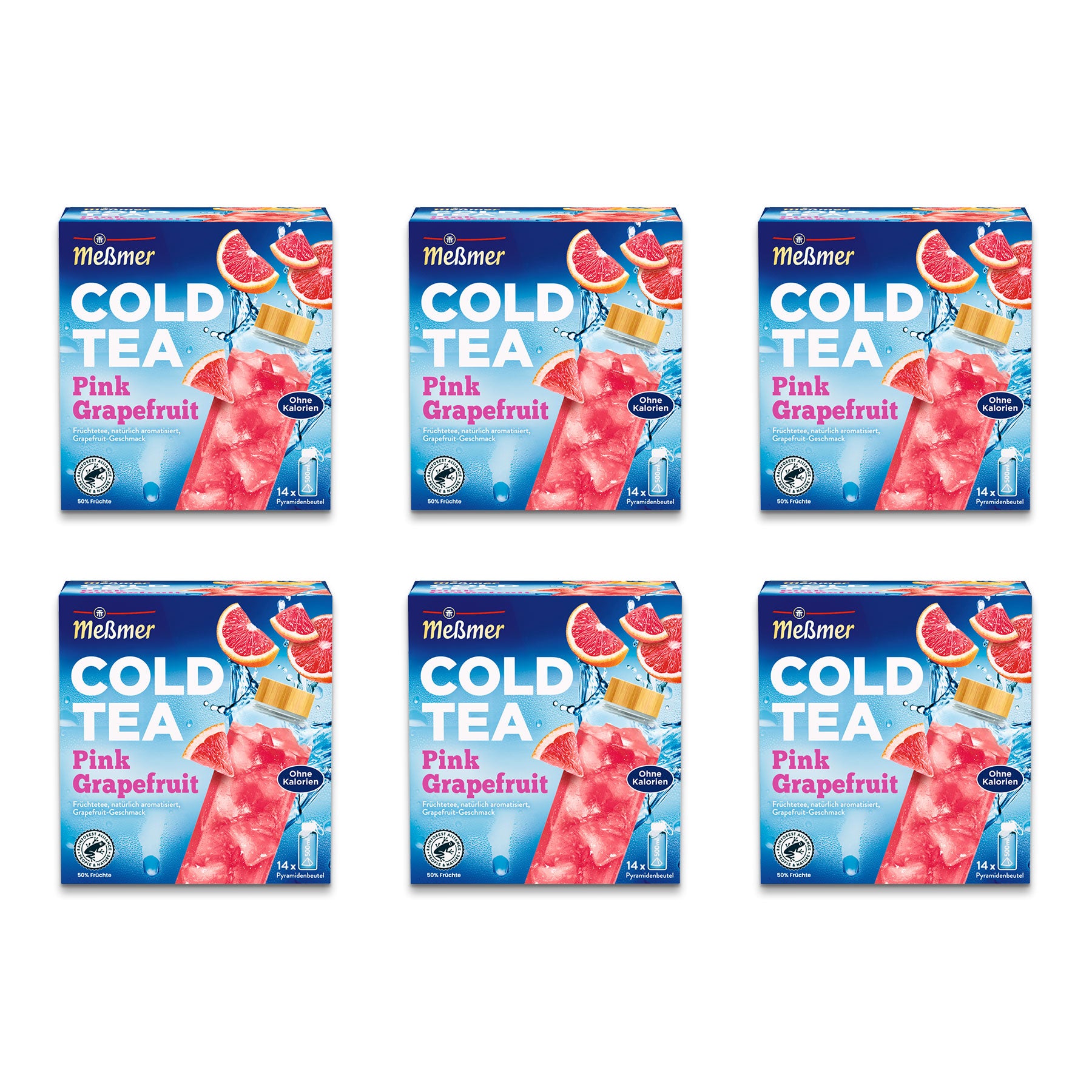 Sechs Schachteln Meßmer Cold Tea Pink Grapefruit sind in zwei Dreierreihen angeordnet. Jede Schachtel zeigt Abbildungen von Grapefruitscheiben und einem Glas Eistee auf blauem und rosa Hintergrund.
