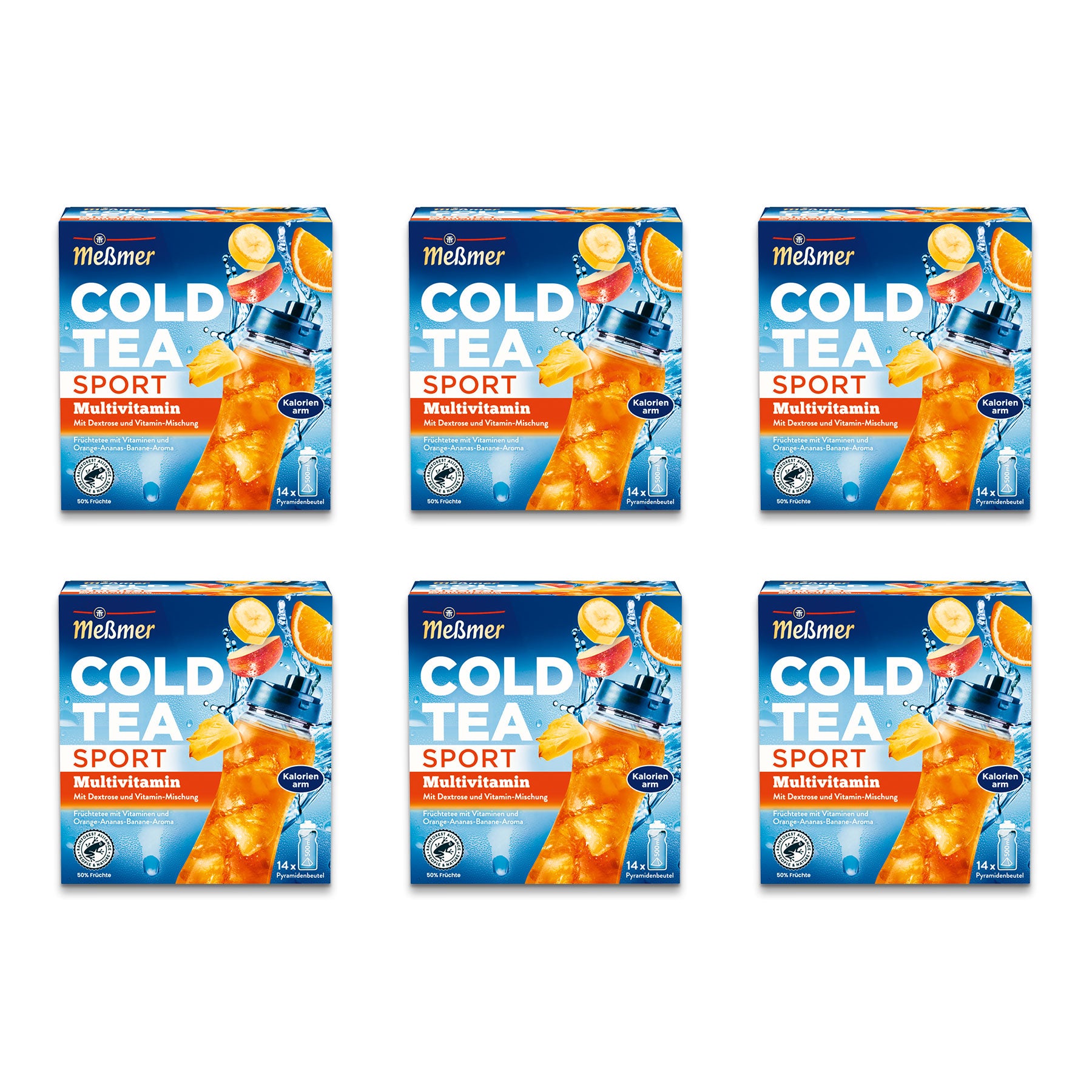 Sechs Schachteln Meßmer Cold Tea Sport Multivitamin sind in zwei Dreierreihen angeordnet. Die Schachteln zeigen Abbildungen von Eistee mit Orangenscheiben und einer blauen Wasserflasche.
