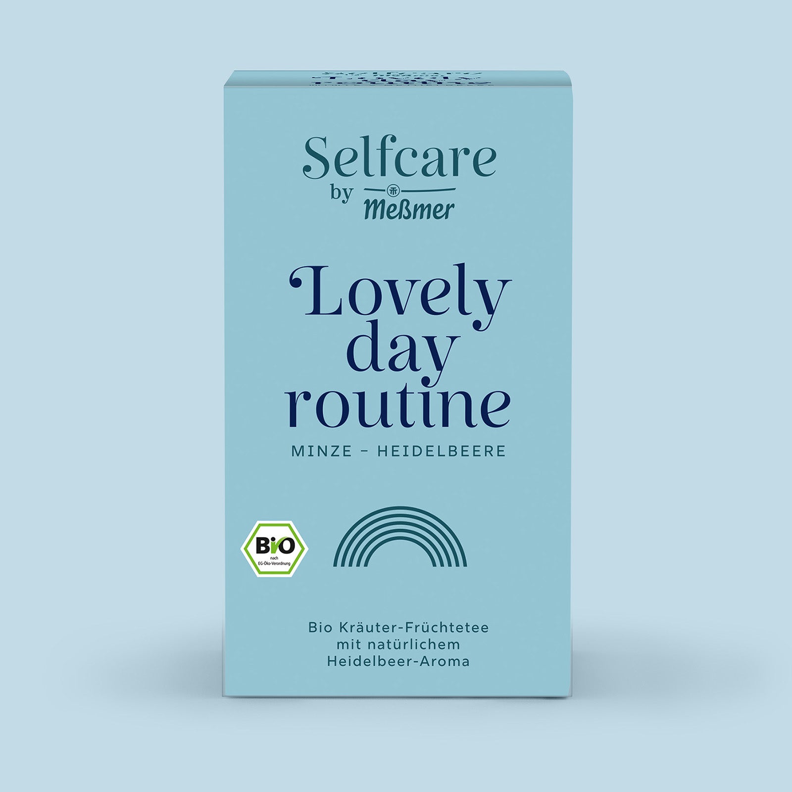Selfcare Collection Bio Kräuter-Früchtetee Lovely day routine mit Minze und natürlichem Heidelbeer-Aroma, zartblaue Verpackung für frische und entspannte Genussmomente.