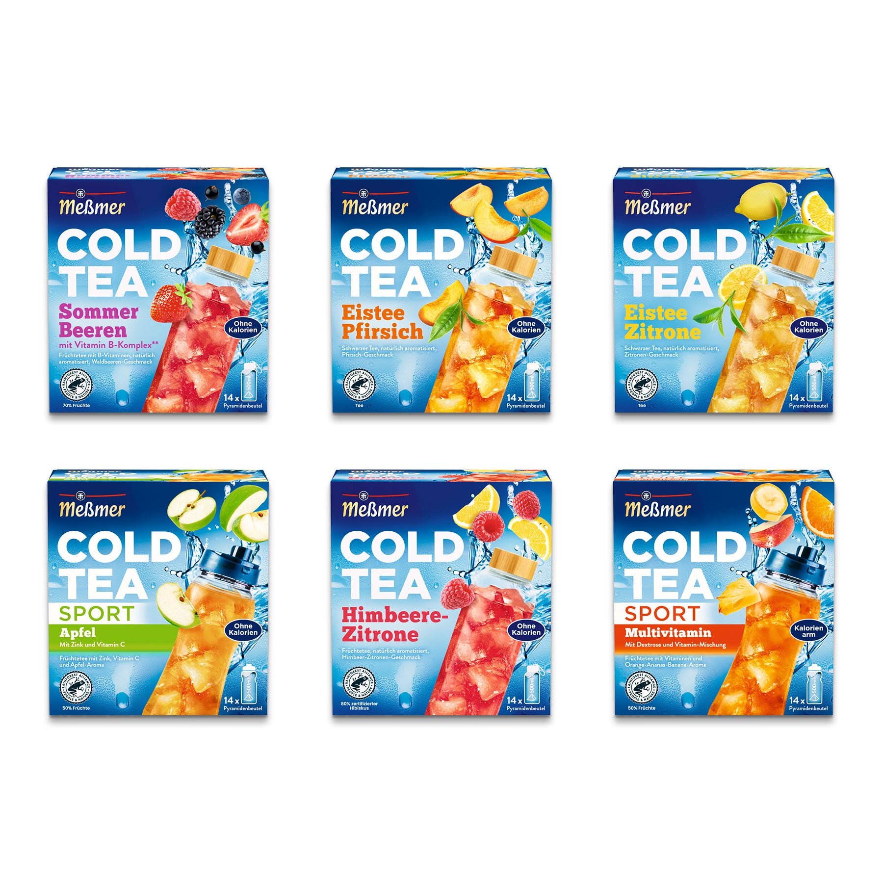 Sechs Schachteln Meßmer Cold Tea in verschiedenen Geschmacksrichtungen, darunter Sommerbeeren, Pfirsich, Zitrone, Apfel, Himbeer-Zitrone und Multivitamin. Jede Schachtel ist blau mit Abbildungen von Eistee und Früchten auf der Vorderseite.