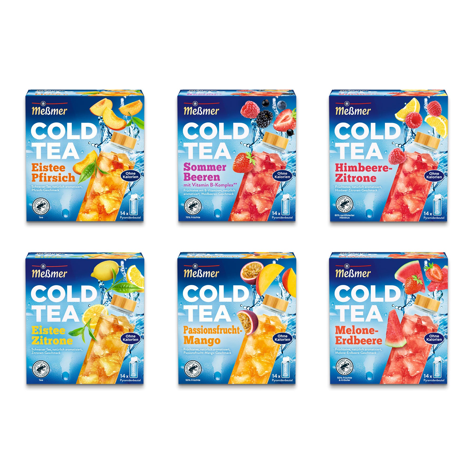 Sechs Schachteln Meßmer Cold Tea in verschiedenen Geschmacksrichtungen: Pfirsich, Sommerbeeren, Himbeer-Zitrone, Zitrone, Passionsfrucht-Mango und Melone-Erdbeere, jeweils mit Abbildungen von Früchten und Eistee auf der Verpackung.