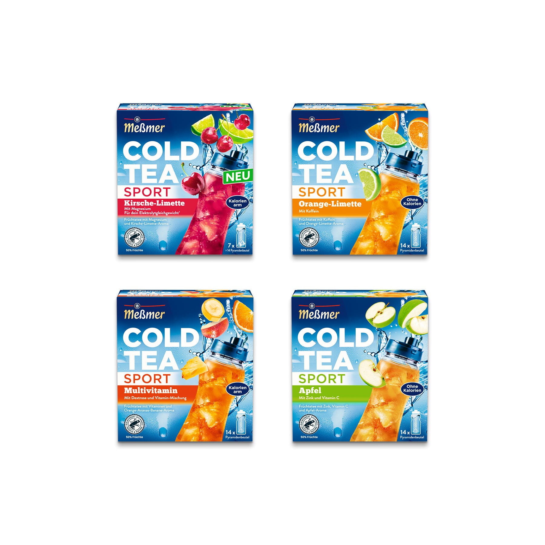 Vier Schachteln Meßmer Cold Tea Sport in verschiedenen Geschmacksrichtungen: Kirsche-Limette, Orange-Limette, Multivitamin und Apfel. Auf jeder Packung sind Bilder der entsprechenden Früchte und ein blaues Eisgetränk abgebildet.