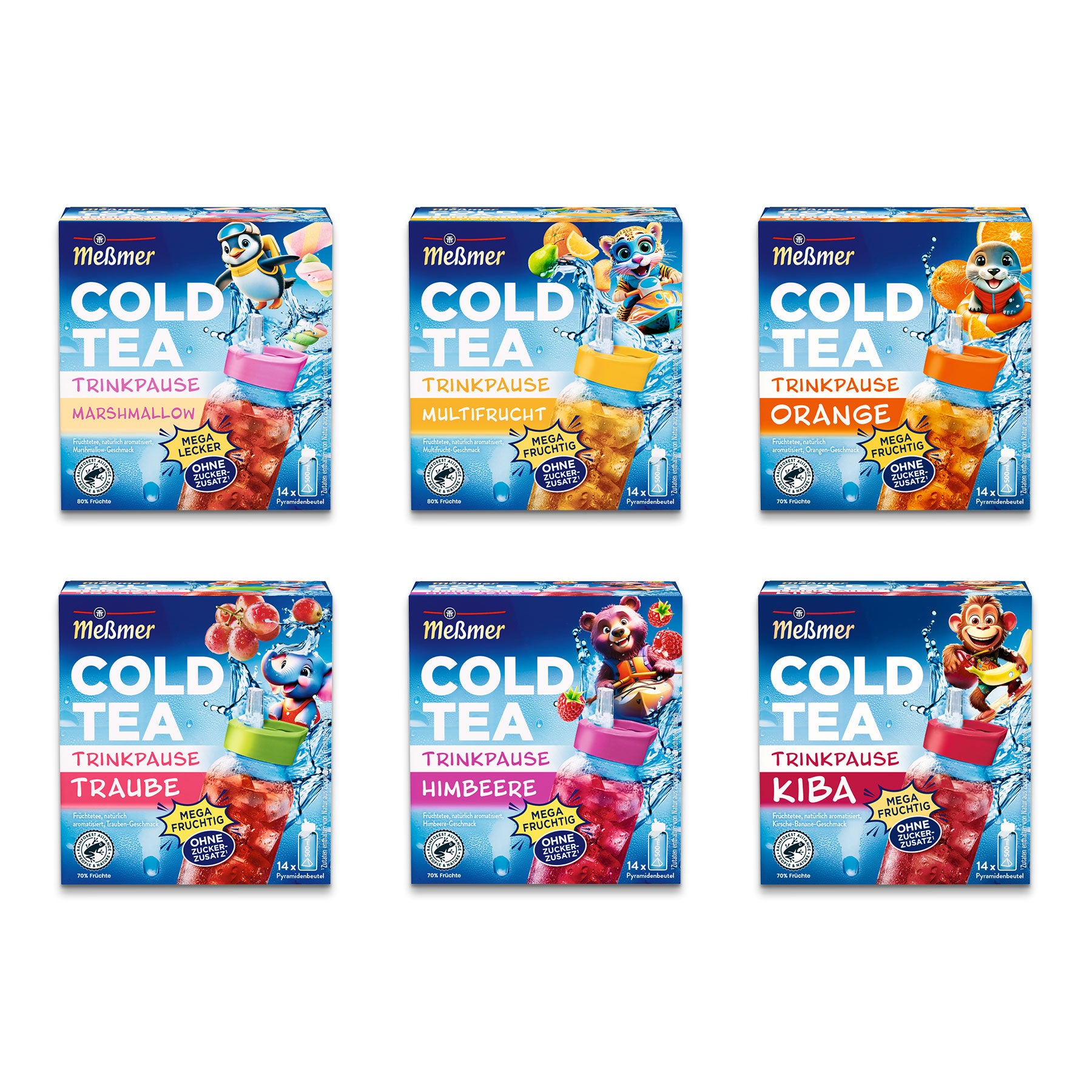 Gezeigt werden sechs Schachteln Meßmer Cold Tea in verschiedenen Geschmacksrichtungen (Marshmallow, Multifrucht, Orange, Traube, Himbeere und Kiba), jeweils mit bunten Zeichentrick-Tierfiguren und Eiswürfeln auf der Verpackung.