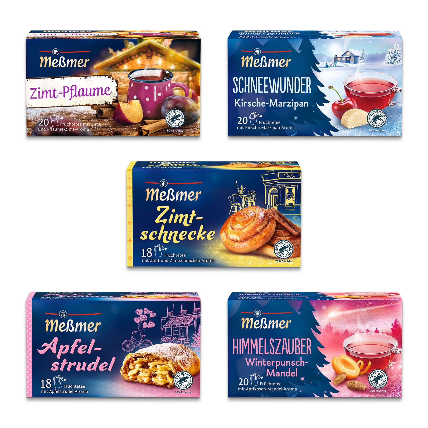 Das Meßmer DE Wintertee Bestseller-Set besteht aus fünf zweireihig angeordneten Boxen mit den Geschmacksrichtungen Zimt-Pflaume, Schneewunder, Zimtschnecke, Apfelstrudel und Himmelszauber in thematischen Designs und Teetassen.