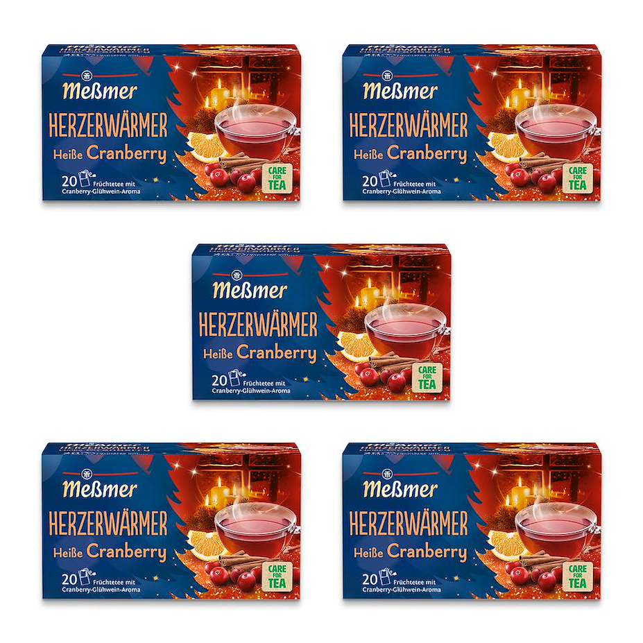 Fünf Packungen Herzerwärmer mit heißem Cranberry Früchtetee, winterlichem Motiv und je 20 Teebeuteln