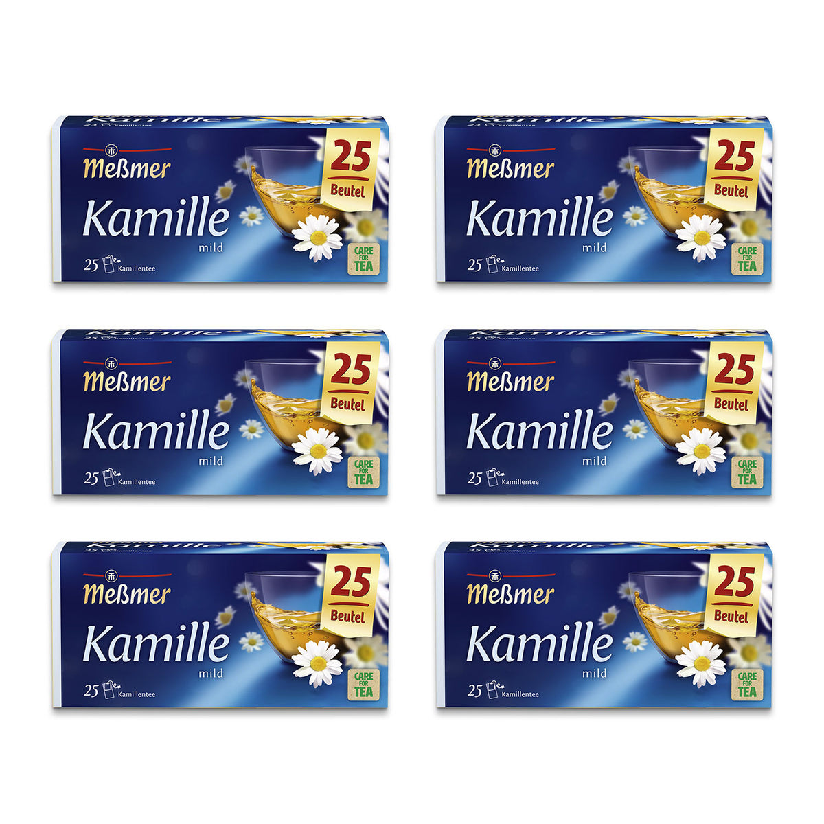 Sechs Packungen Kamille Tee mit jeweils 25 Beuteln in blauer Verpackung nebeneinander auf weißem Hintergrund