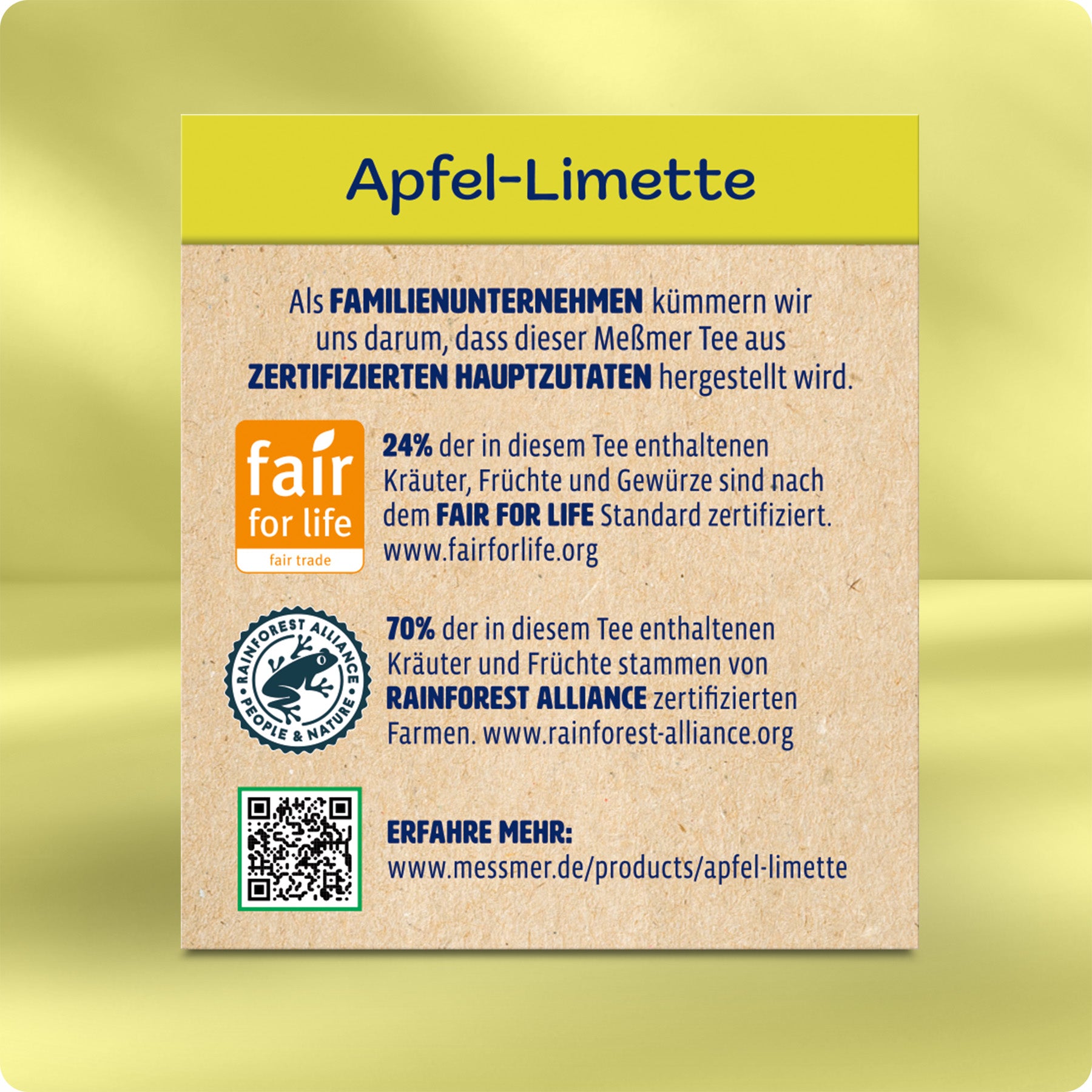 Rückseite der Verpackung des Produkts Apfel-Limette mit Informationen zu Fair Trade und Rainforest Alliance Zertifizierungen sowie QR-Code und Firmenbeschreibung.