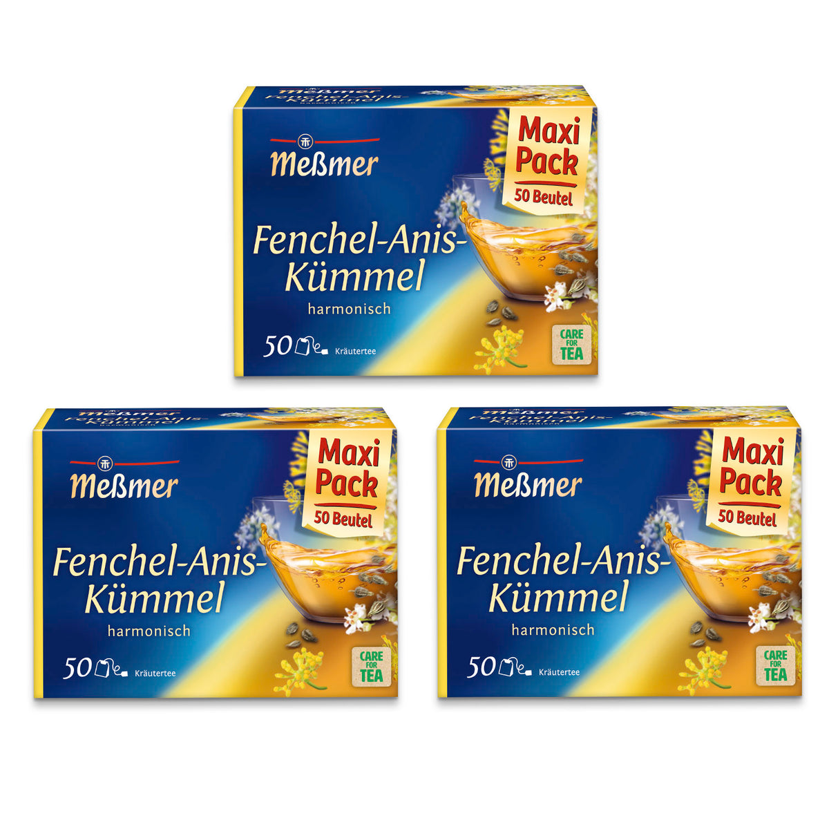 Drei Packungen Fenchel-Anis-Kümmel Maxi Pack mit jeweils 50 Teebeuteln vor weißem Hintergrund