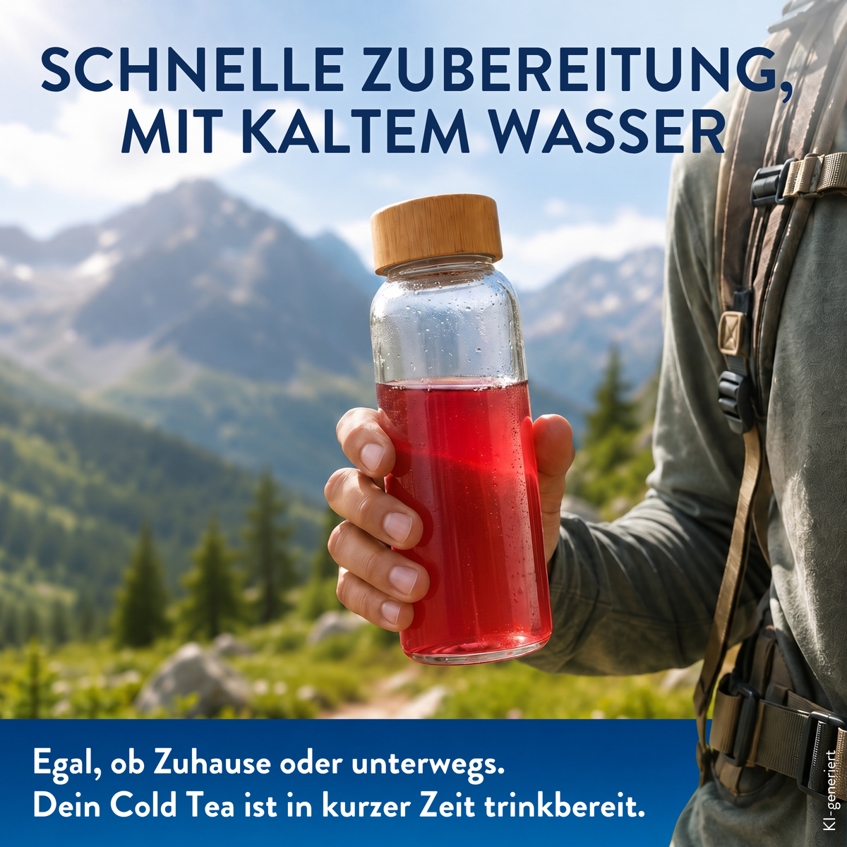 Cold Tea Melone-Erdbeere in einer Flasche mit rotem Getränk beim Wandern in den Bergen. Schnell mit kaltem Wasser zubereitet.