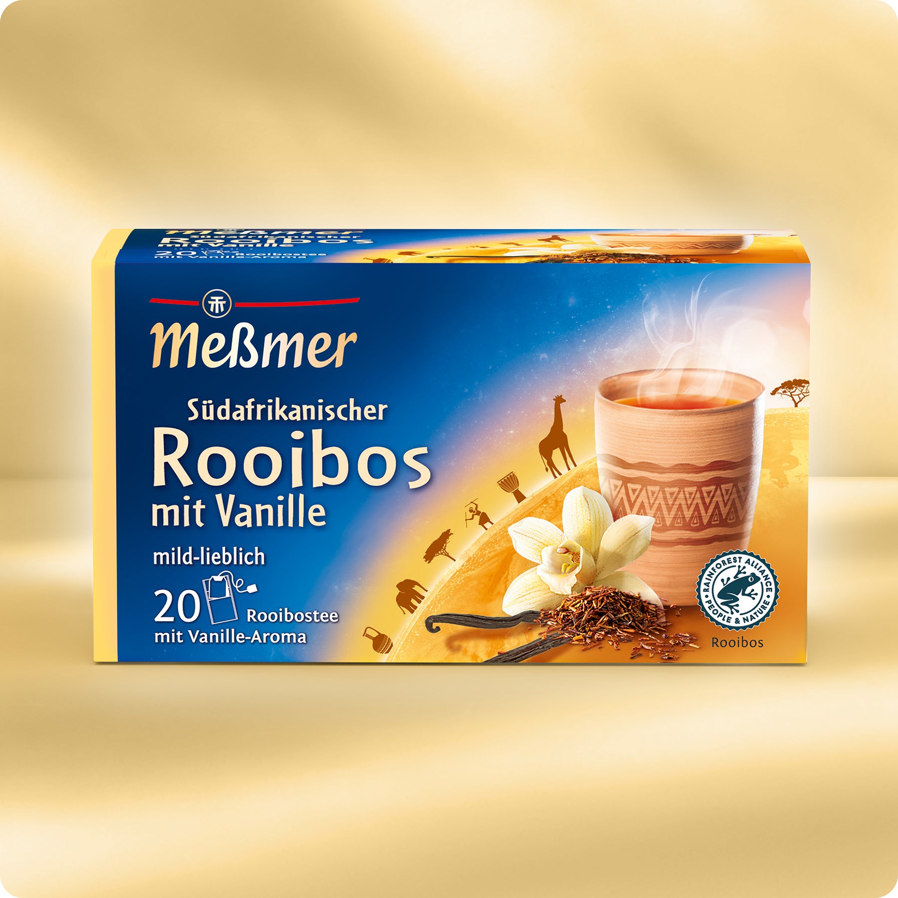 Eine Schachtel Meßmer DE Südafrikanischer Rooibos-Vanille-Tee zeigt eine dampfende Tasse mit Vanilleblüten und -schoten sowie die Silhouetten afrikanischer Wildtiere auf gelbem und blauem Hintergrund.