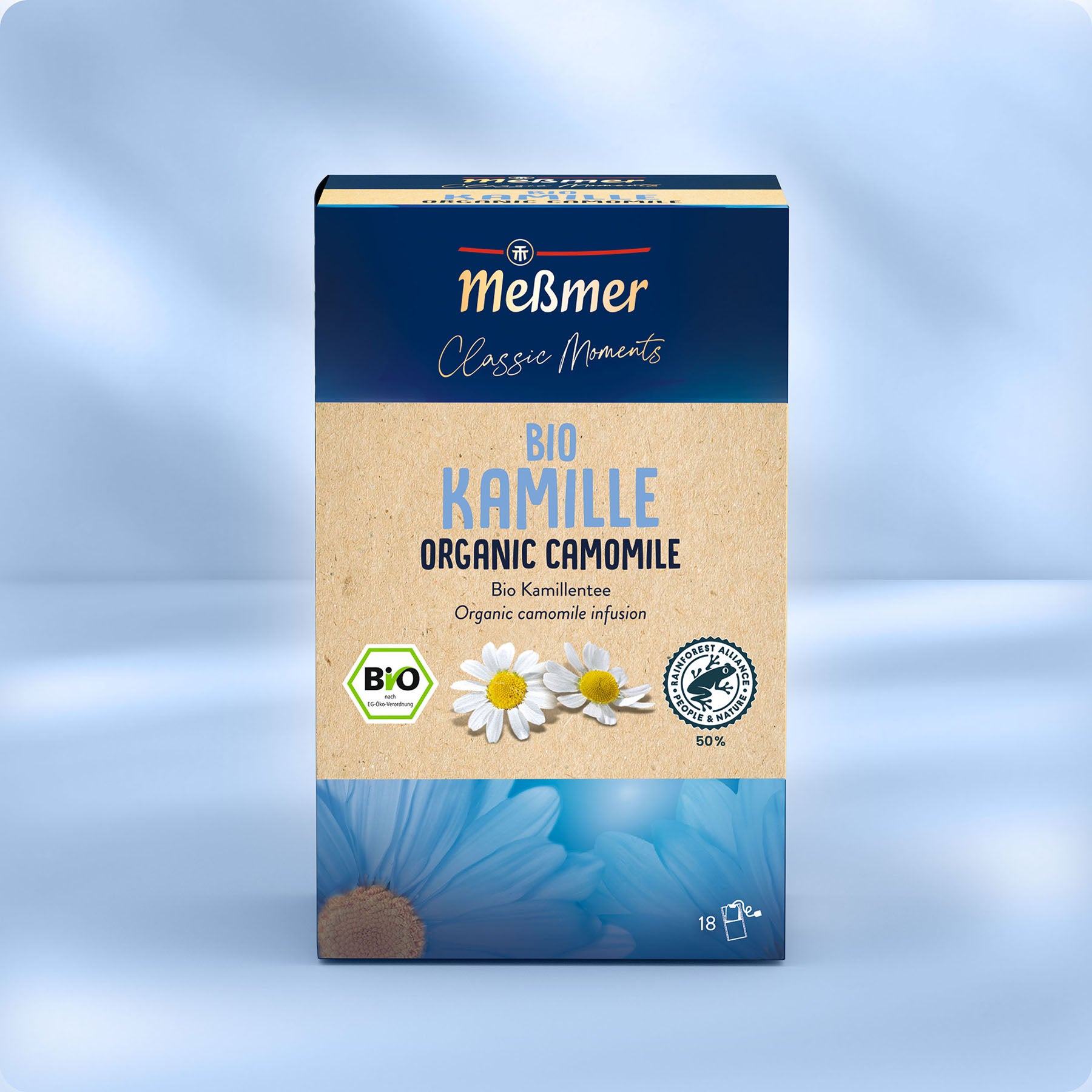 Eine Dose Meßmer DE Bio Kamille, ein Bio-Kamillentee mit beruhigender blauer und beiger Verpackung - ideal für entspannende Momente.