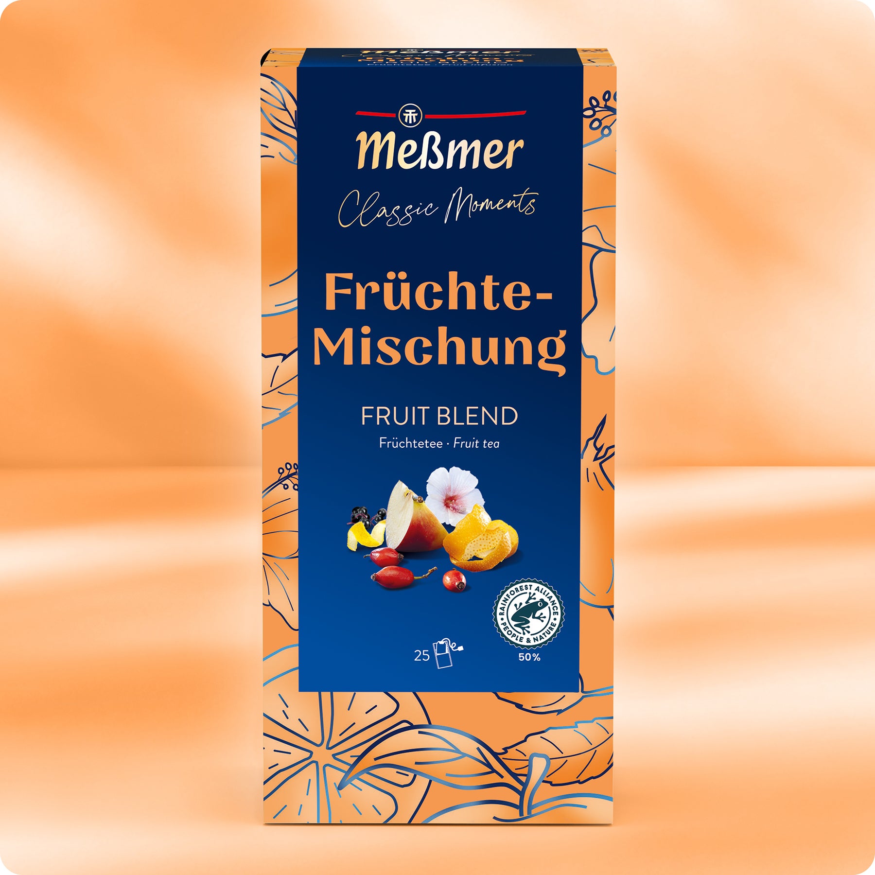 Rechteckige Dose Meßmer DE Früchte Tee mit Frucht- und Blumenmotiven auf blau-orangem Hintergrund, mit deutscher und englischer Aufschrift - ein fruchtiger Kräutertee aus dem Meßmer Classic Moments Sortiment.