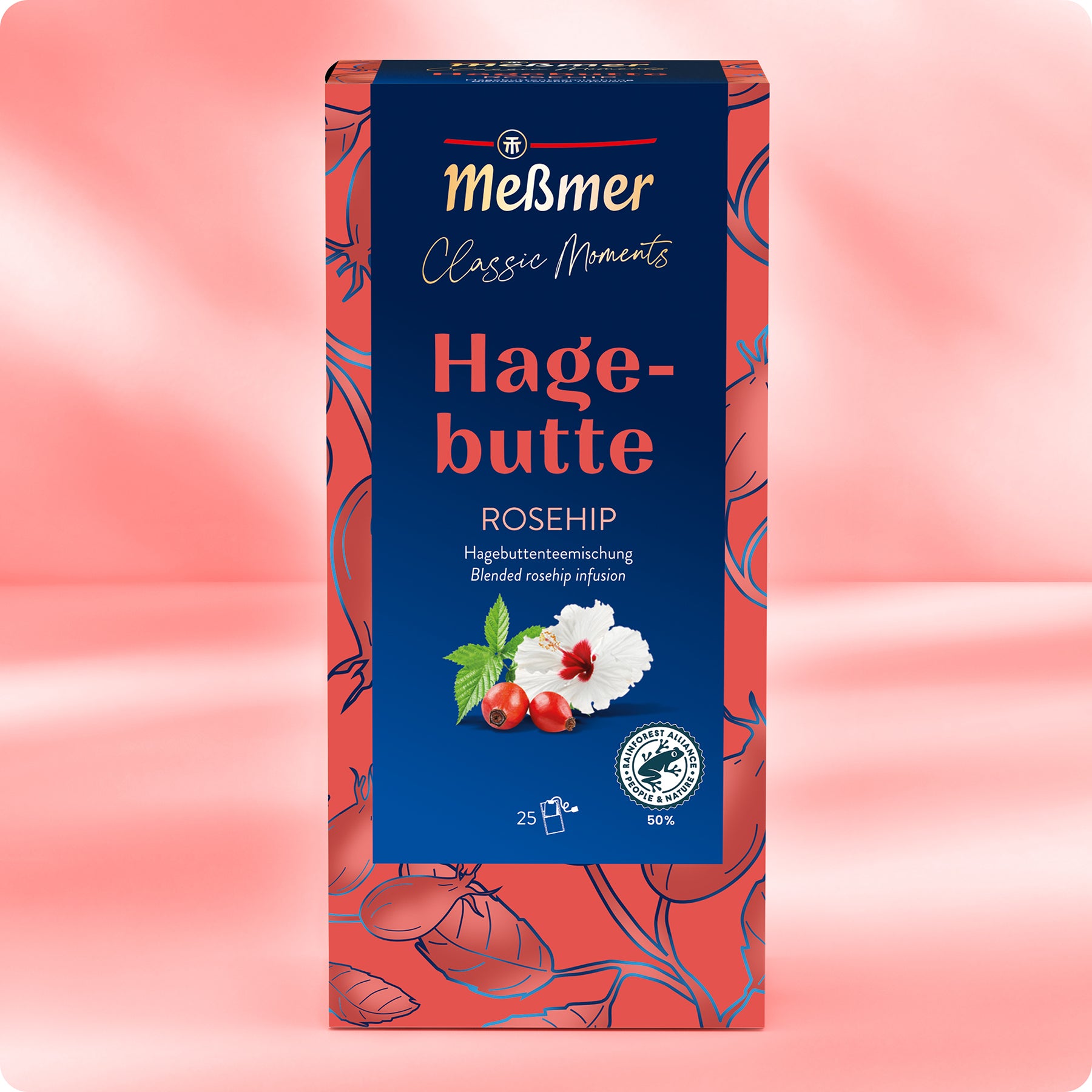 Eine Meßmer DE Hagebutte Teedose mit blauem und rotem Design, weißer Hagebuttenblüte und Hagebuttenbeeren auf der Vorderseite sorgt für fruchtigen Genuss, zeigt deutschen und englischen Text sowie das Fairtrade-Zertifizierungslogo.