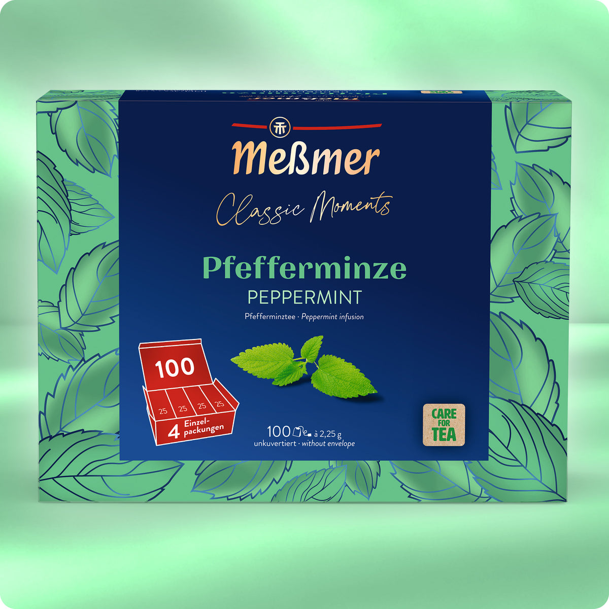 Meßmer Pfefferminze Tee Packung mit Minzblättern, 100 Teebeuteln und Care for Tea Siegel vor grünem Hintergrund