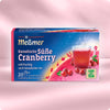 Verpackung von Kanadische Süße Cranberry mit Darstellung eines dampfenden Teeglas, umgeben von frischen Cranberries, Symbolen kanadischer Ahornblätter und Hinweis auf ein fruchtig-süßes Getränk mit Cranberry-Ahornsirup-Aroma und Care-for-Tea-Siegel.