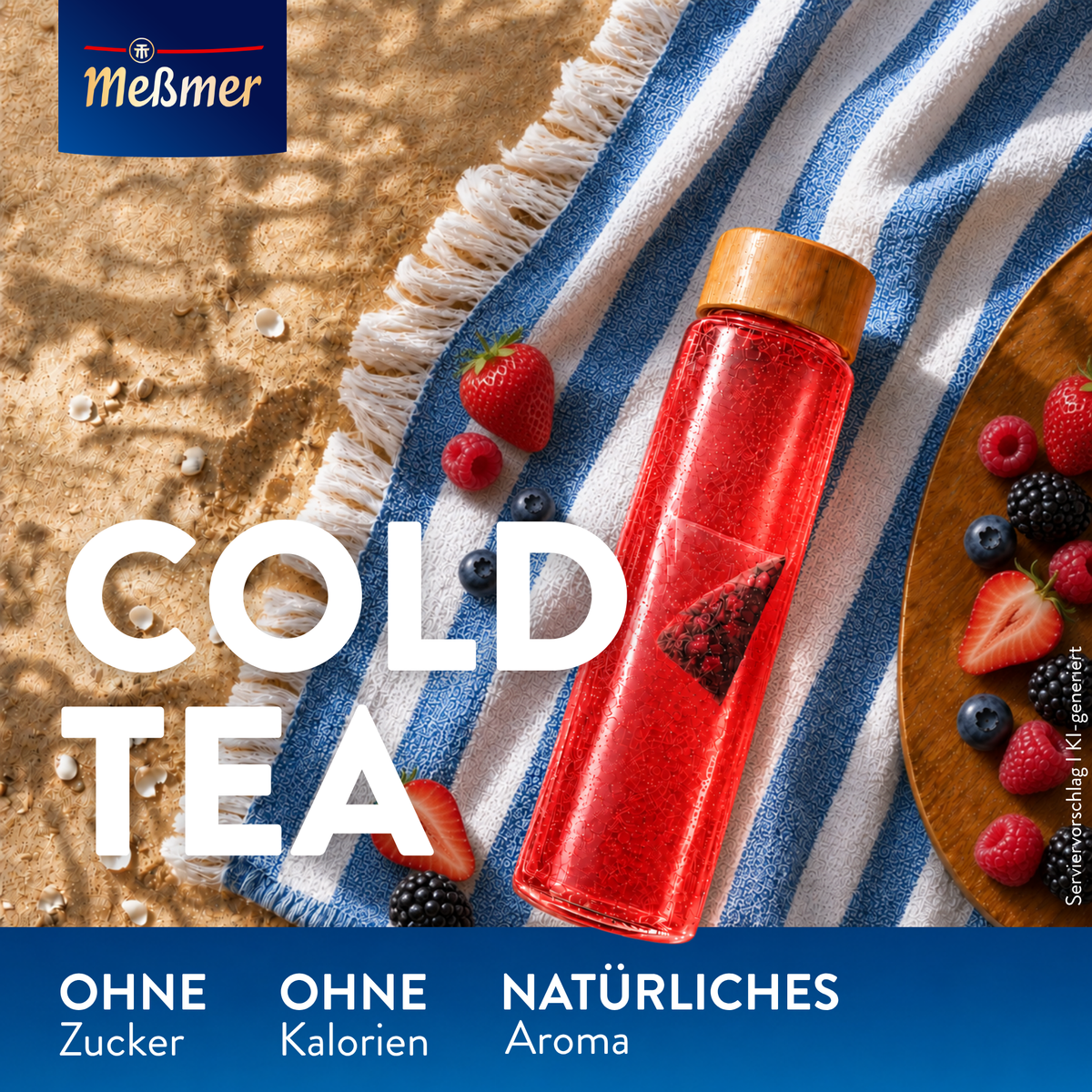 Cold Tea Sommer-Beeren in roter Glasflasche auf blau gestreiftem Strandtuch mit Himbeeren Erdbeeren und Heidelbeeren. Ohne Zucker und Kalorien mit natürlichem Aroma