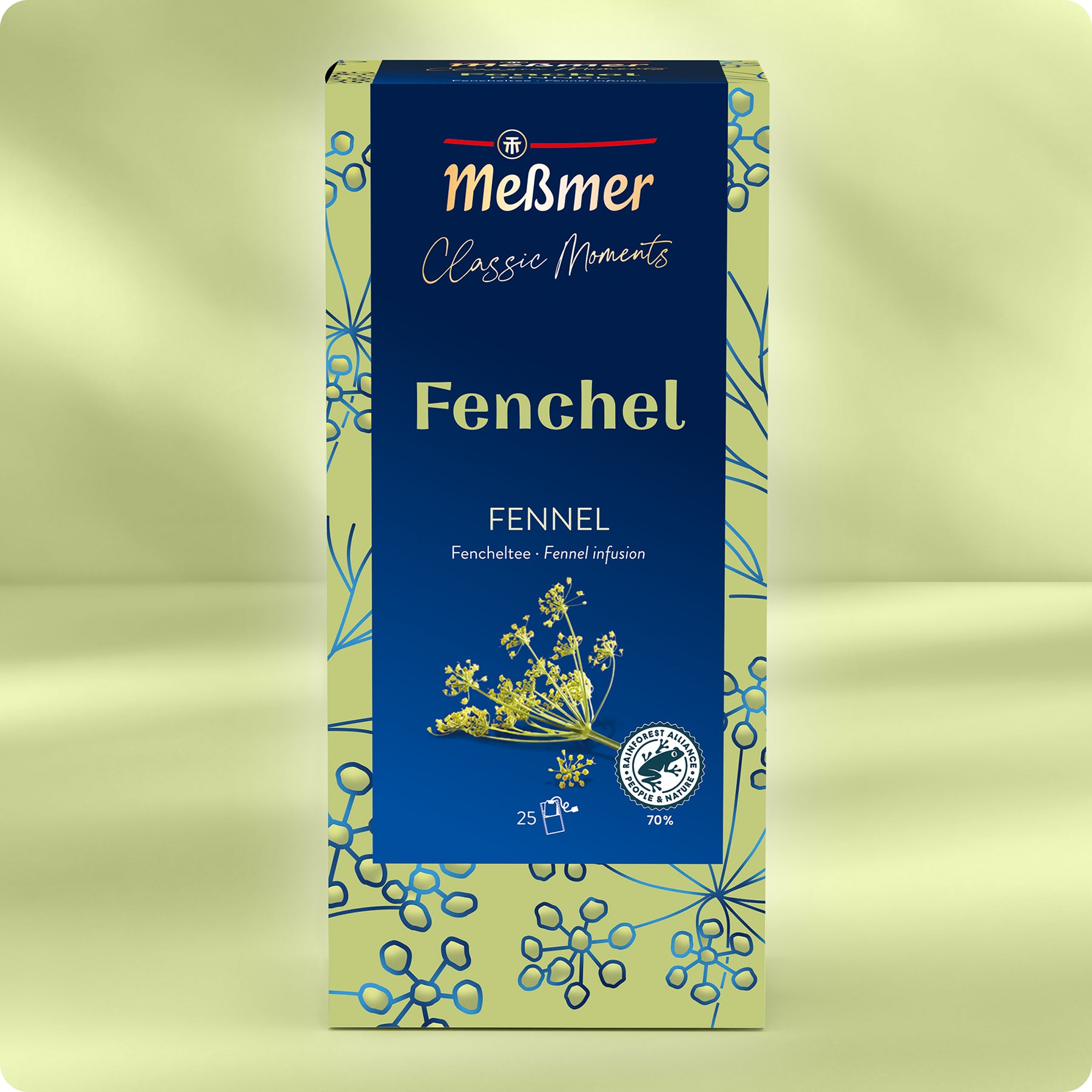 Eine Schachtel Meßmer DE Fenchel Tee mit blauem und hellgrünem Design, Fenchel-Illustrationen und deutsch/englischem Text. Enthält 25 Teebeutel.