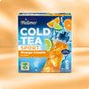 Verpackung von Cold Tea Orange-Limette mit Koffein mit Darstellung einer Sportflasche gefüllt mit eisgekühltem Tee, umgeben von frischen Orangen- und Limettenscheiben, Hinweis auf kalorienfreies Erfrischungsgetränk und Care-for-Tea-Siegel.