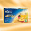 Verpackung von Brasilianische Mango Früchtetee mit Darstellung eines Glases mit dampfendem Tee, umgeben von frischen Mangoscheiben und Hinweis auf fruchtig-saftigen Geschmack nach brasilianischer Art sowie Care-for-Tea-Siegel.