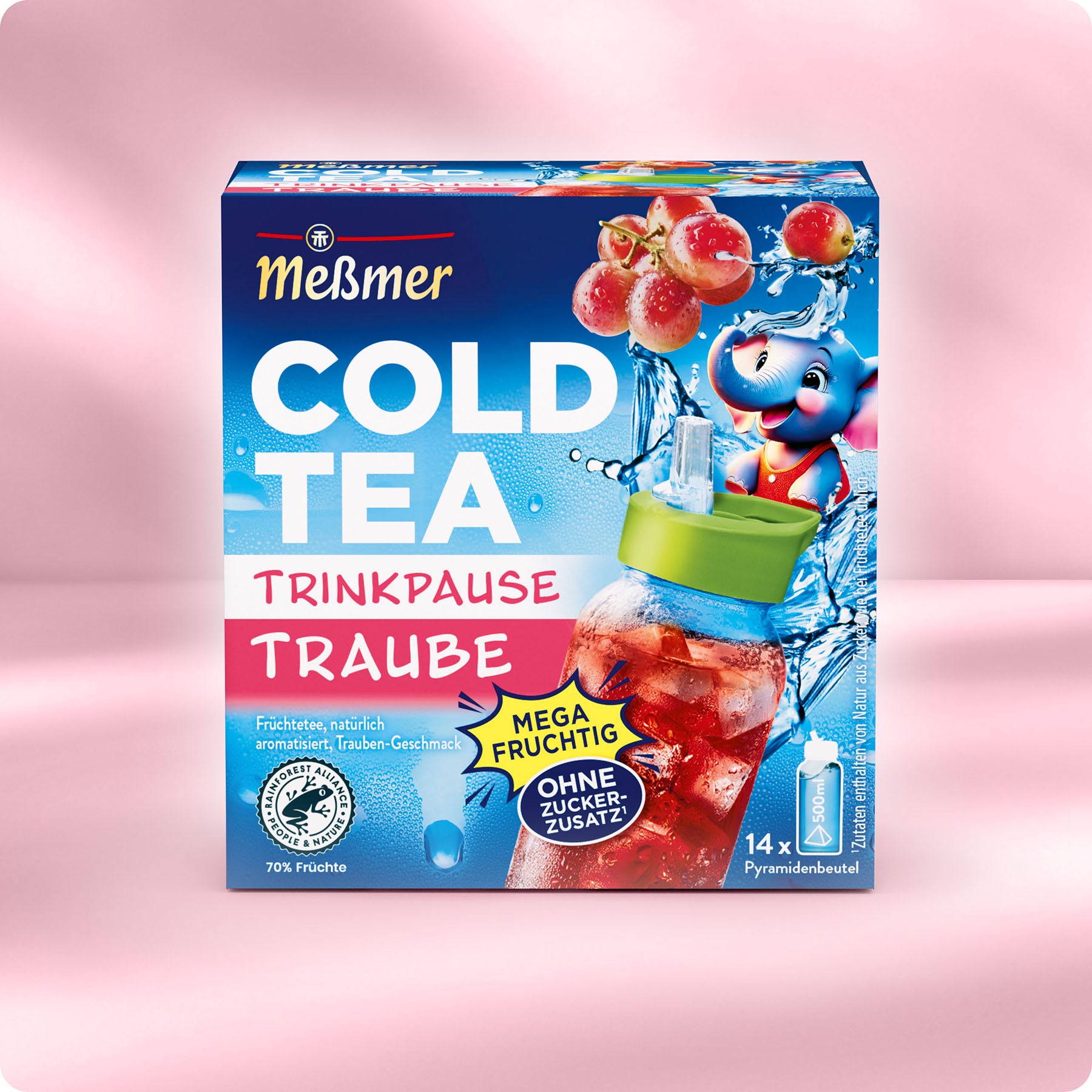 Meßmer DE Trinkpause Traube: Fruchtiger Cold Tea mit Traubengeschmack, blauem Elefanten und Eisteeglas. Erfrischend ohne Zuckerzusatz, enthält 14 Pyramiden-Teebeutel - perfekt für leckere Pausen!.