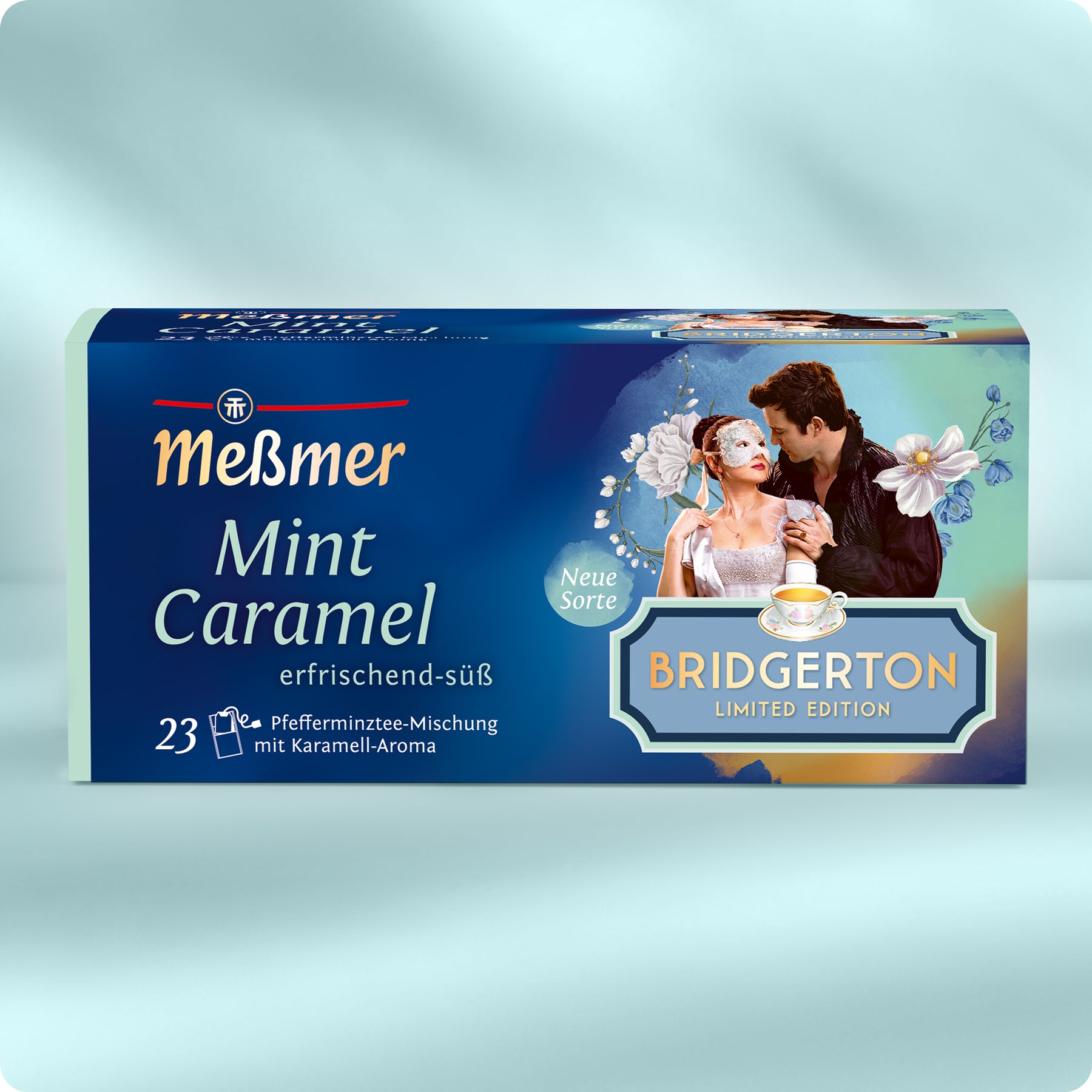 Verpackung von Meßmer Mint Caramel Pfefferminztee mit Karamellaroma in limitierter Bridgerton Edition, 23 Beutel