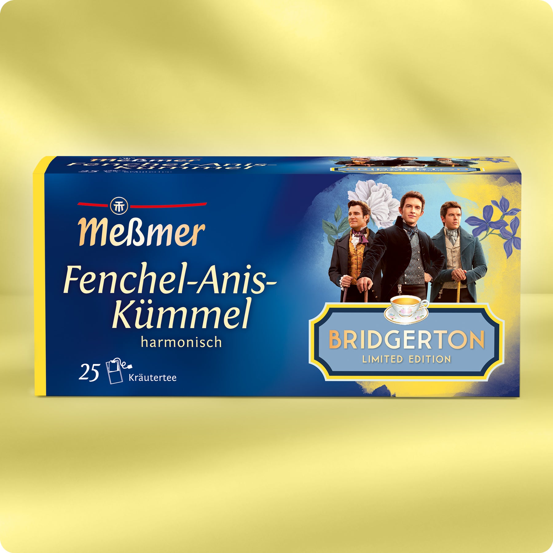 Verpackung eines Kräutertees mit Fenchel, Anis und Kümmel sowie einer Illustration von drei Männern aus Bridgerton Limited Edition